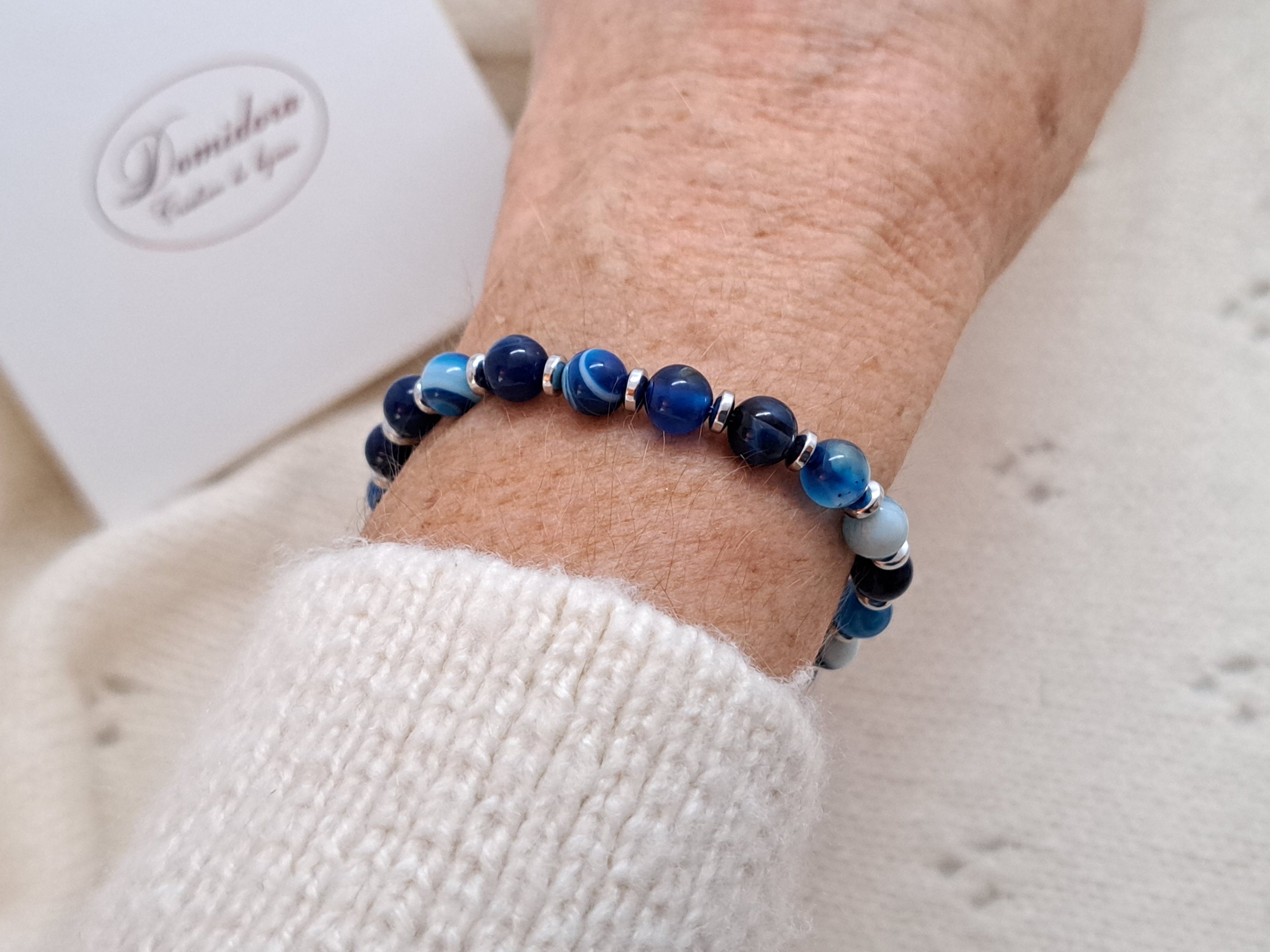 Bracelet Agate Bleue Dames 6mm & Hématite Argentée | Idée Cadeau