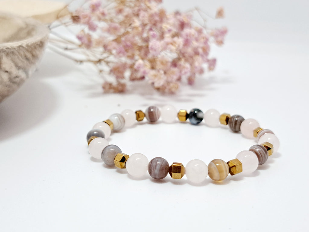 Bracelet Réconfort Femme - Quartz Rose, Agate Botswana & Hématite Dorée | Positivité