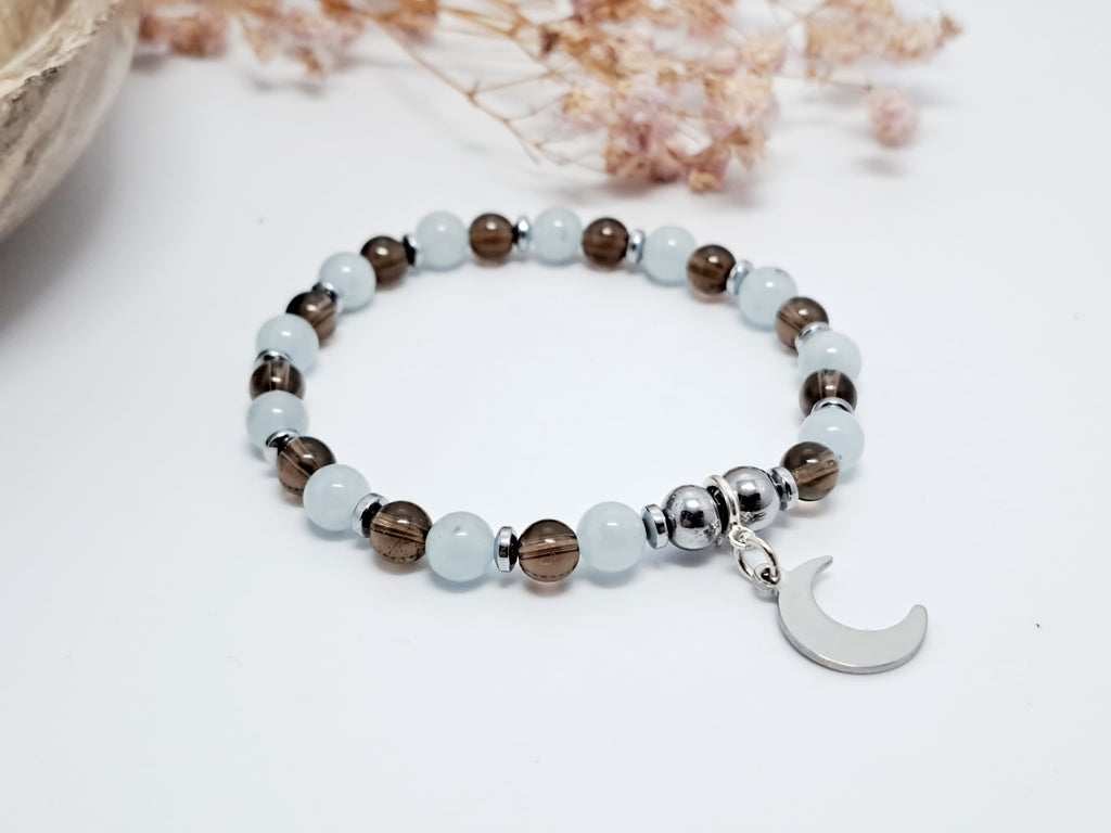 Bracelet d'Intention Communication et Expression| Aigue Marine, Quartz Fumé et Lune | Idée Cadeau Jeune Fille