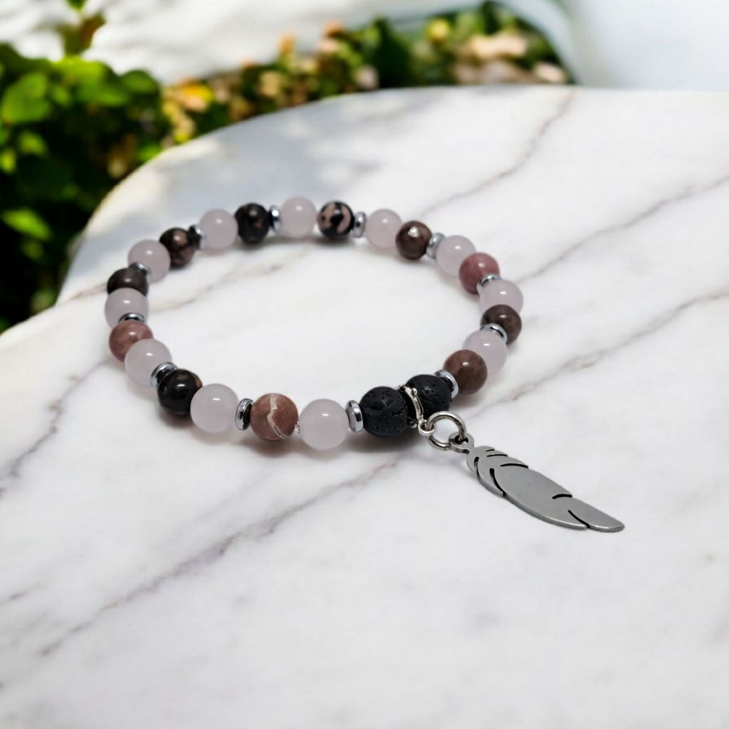Bracelet d'Intention Amour et Pardon | Quartz Rose, Rhodonite et Plume | Cadeau Noël Dame