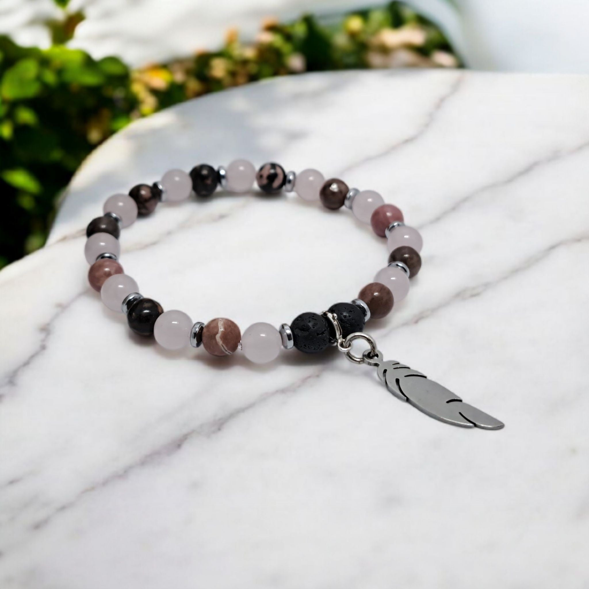 Bracelet d'Intention Amour et Pardon | Quartz Rose, Rhodonite et Plume | Cadeau Noël Dame