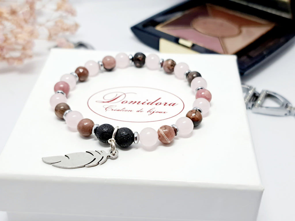 Bracelet d'Intention Amour et Pardon | Quartz Rose, Rhodonite et Plume | Cadeau Noël Dame