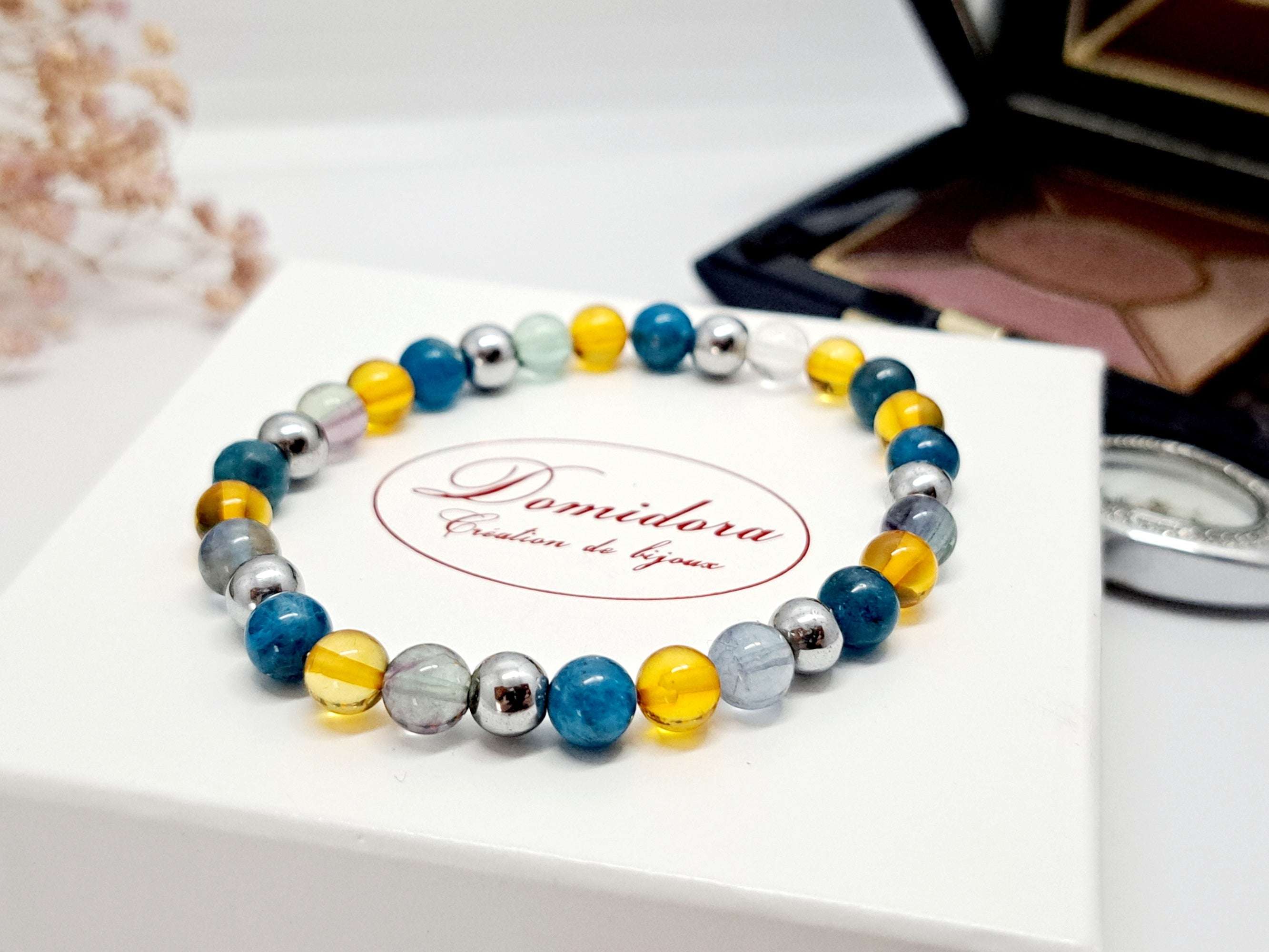 Bracelet Pierres Naturelles Arthrose & Coxarthrose | Apatite, Fluorine, Hématite, Ambre | Soulagement Douleurs Articulaires