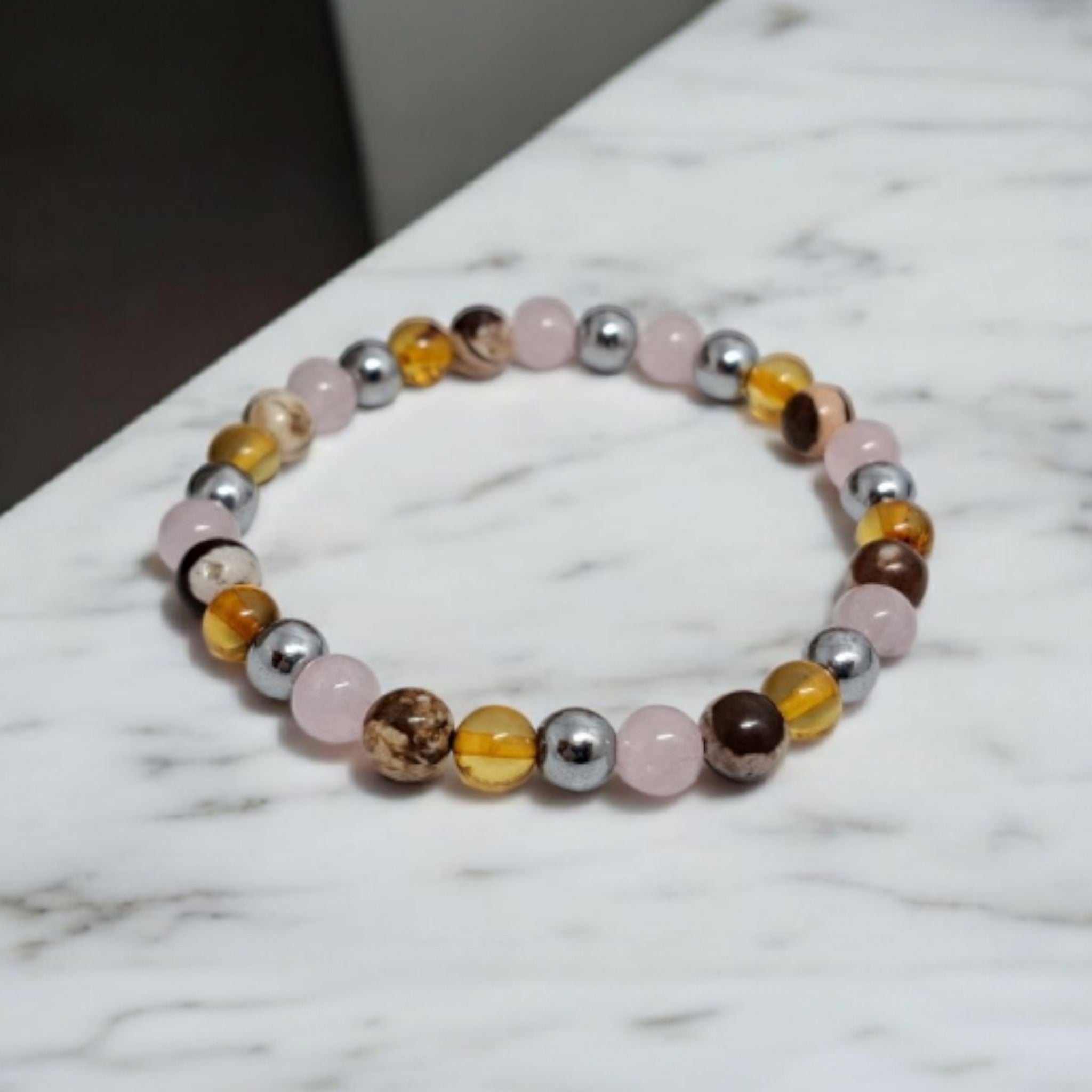 Bracelet Pierres Naturelles - Force Intérieure, Renouveau & Sérénité | Quartz Rose, Hématite, Ambre, Jaspe Zèbre | Post-Opératoire