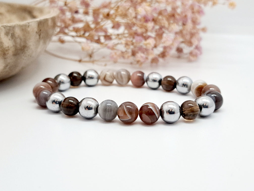 Bracelet Femme Volonté - Agate Botswana, Quartz Fumé & Hématite