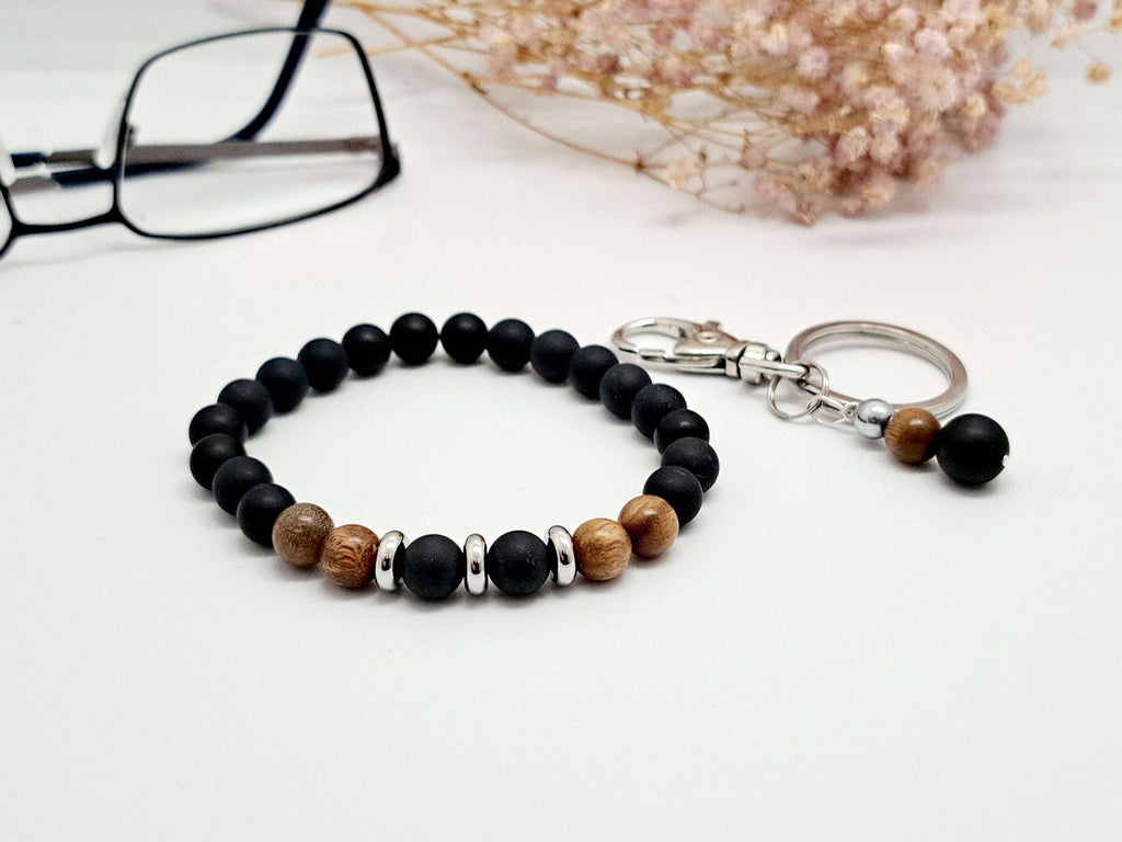 ⭐ Cadeau Noël Homme de Luxe : Coffret Bracelet Onyx & Bois de Santal + Porte-Clé Acier Inoxydable