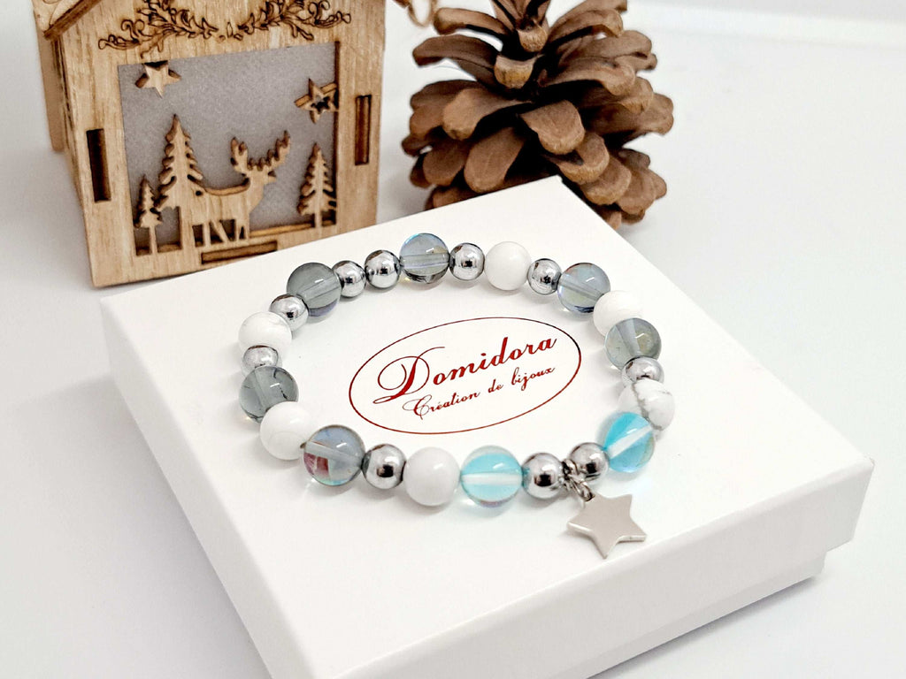 Bracelet Pierres Naturelles Howlite & Aqua Aura "Étoile Polaire" - Cadeau Noël Femme