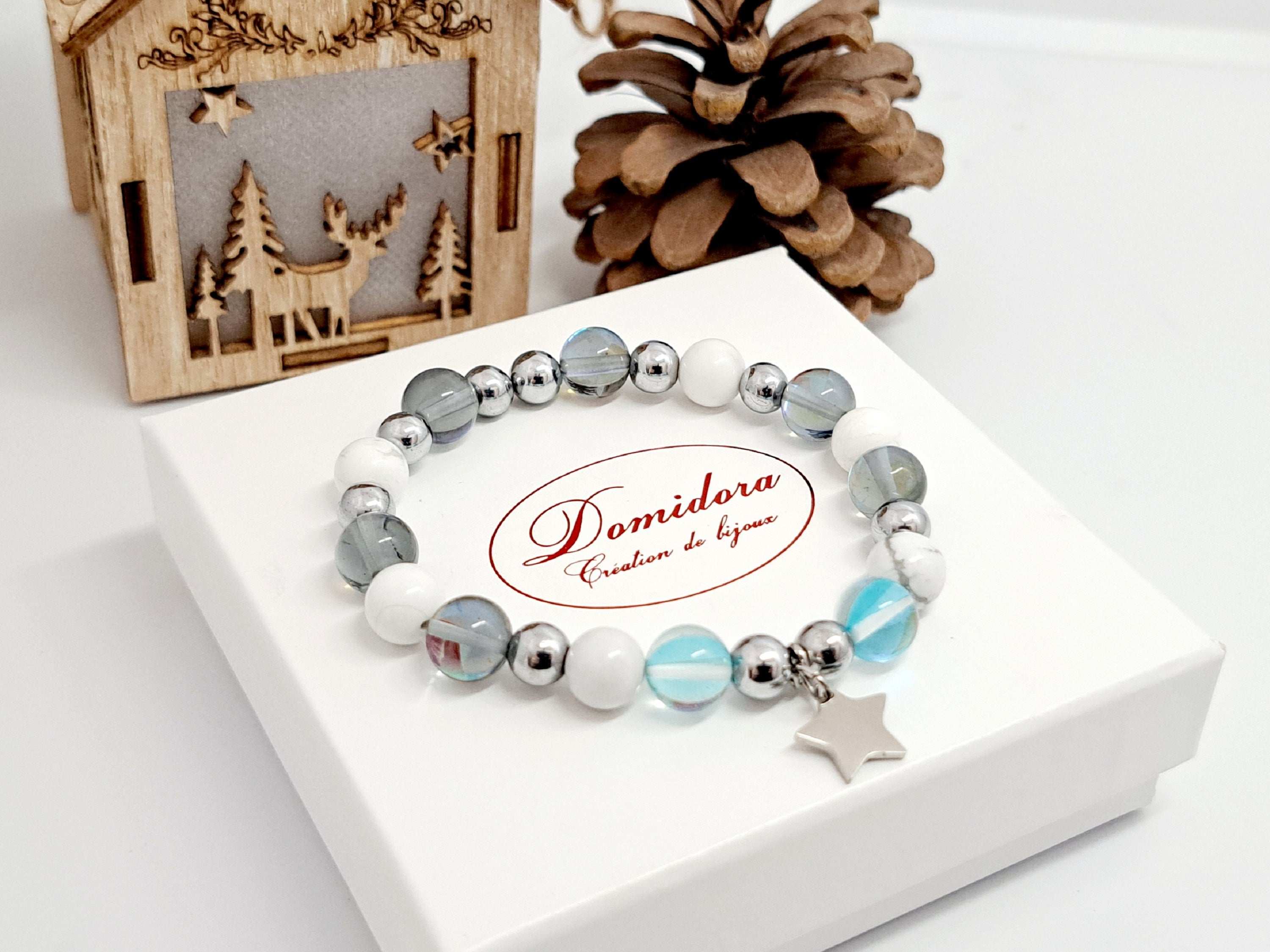 Bracelet Pierres Naturelles Howlite & Aqua Aura "Étoile Polaire" - Cadeau Noël Femme