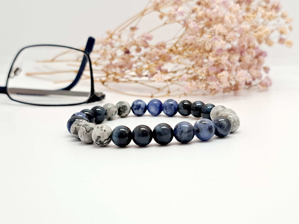 Bracelet Homme Pierres Naturelles Sodalite Faucon Jaspe Picasso | Cadeau Masculin 8mm