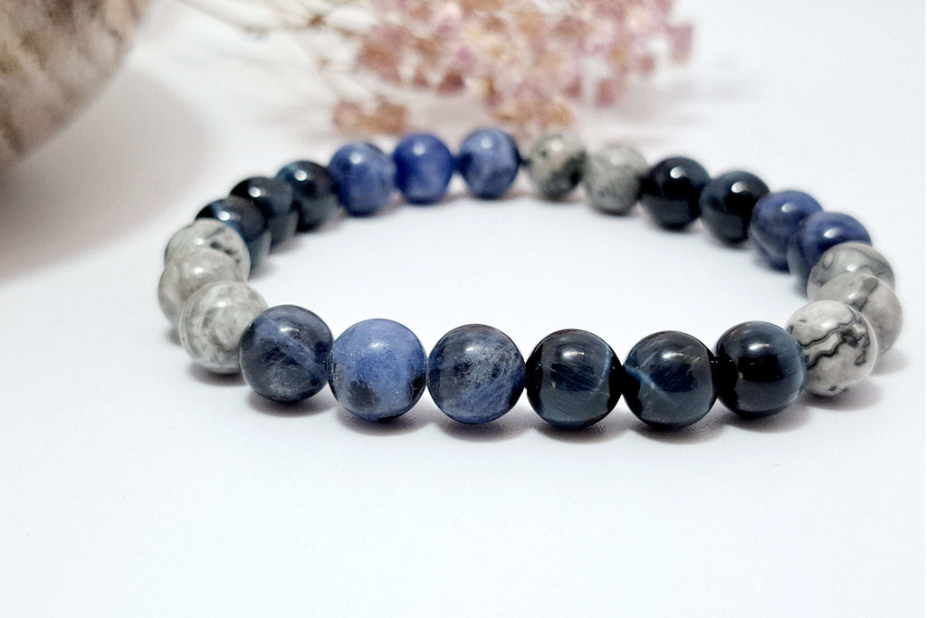 Bracelet Homme Pierres Naturelles Sodalite Faucon Jaspe Picasso | Cadeau Masculin 8mm