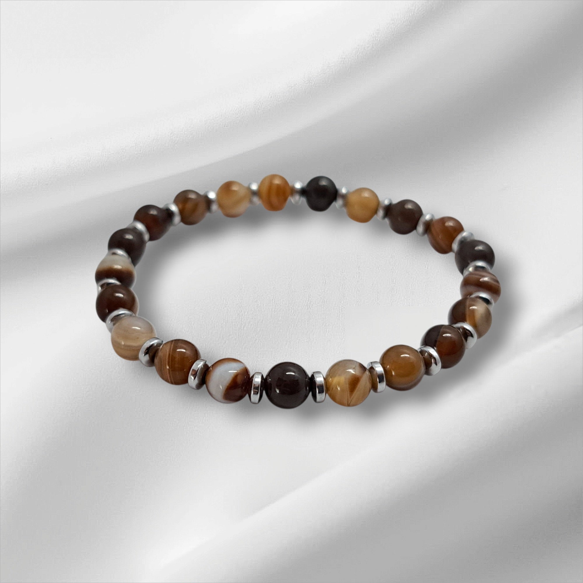 Bracelet Femme Agate Marron & Hématite – Ancrage & Élégance