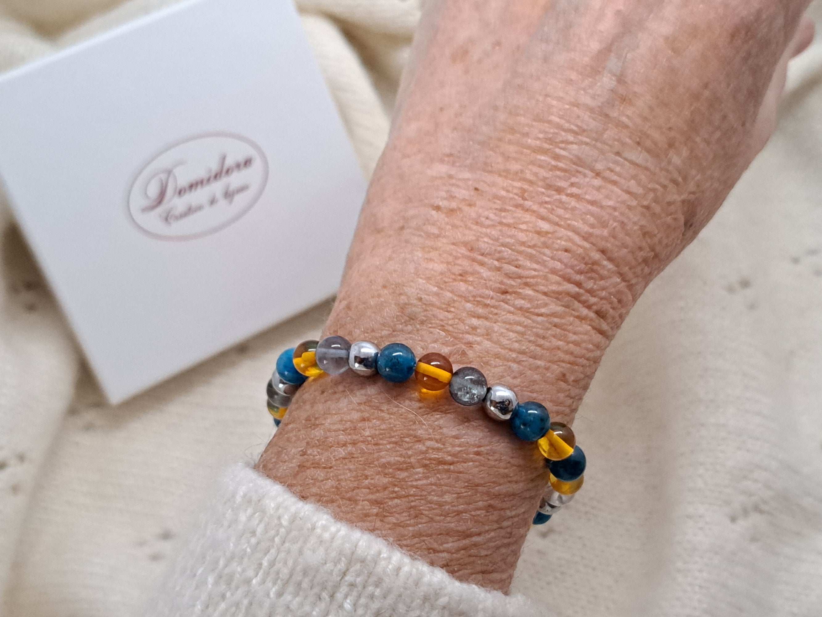 Bracelet Pierres Naturelles Arthrose & Coxarthrose | Apatite, Fluorine, Hématite, Ambre | Soulagement Douleurs Articulaires