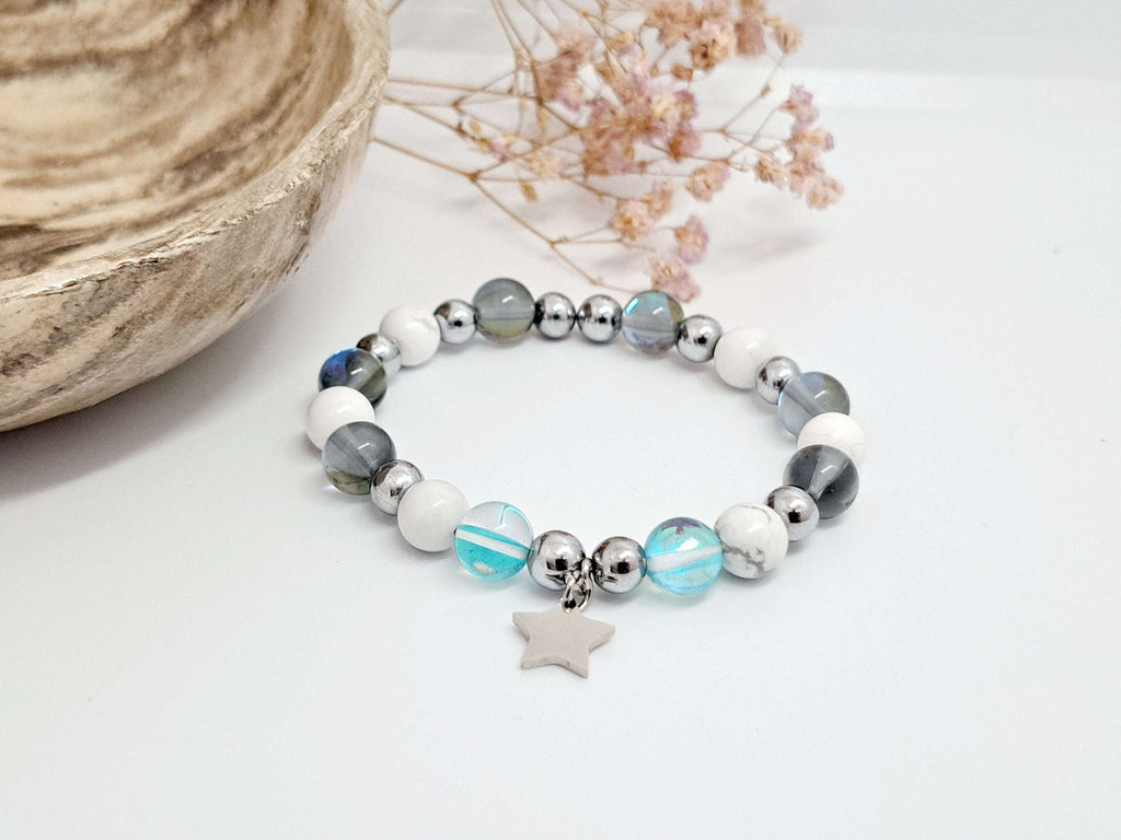 Bracelet Pierres Naturelles Howlite & Aqua Aura "Étoile Polaire" - Cadeau Noël Femme