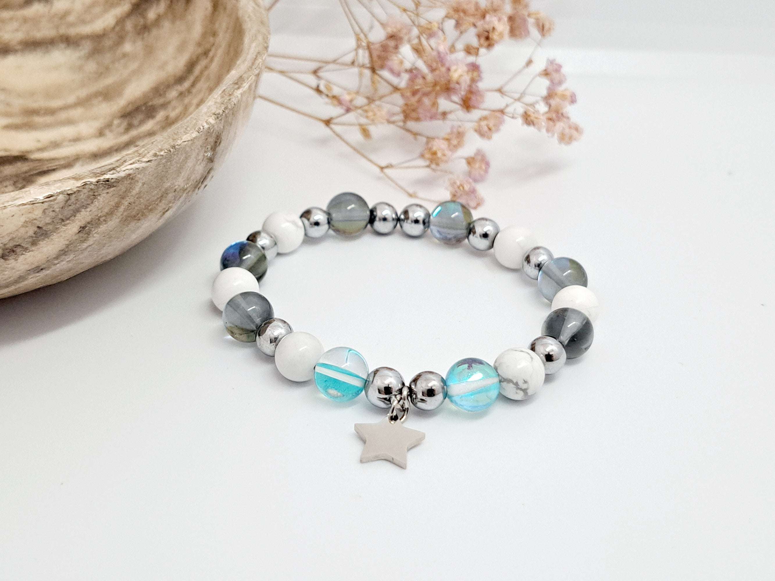 Bracelet Pierres Naturelles Howlite & Aqua Aura "Étoile Polaire" - Cadeau Noël Femme