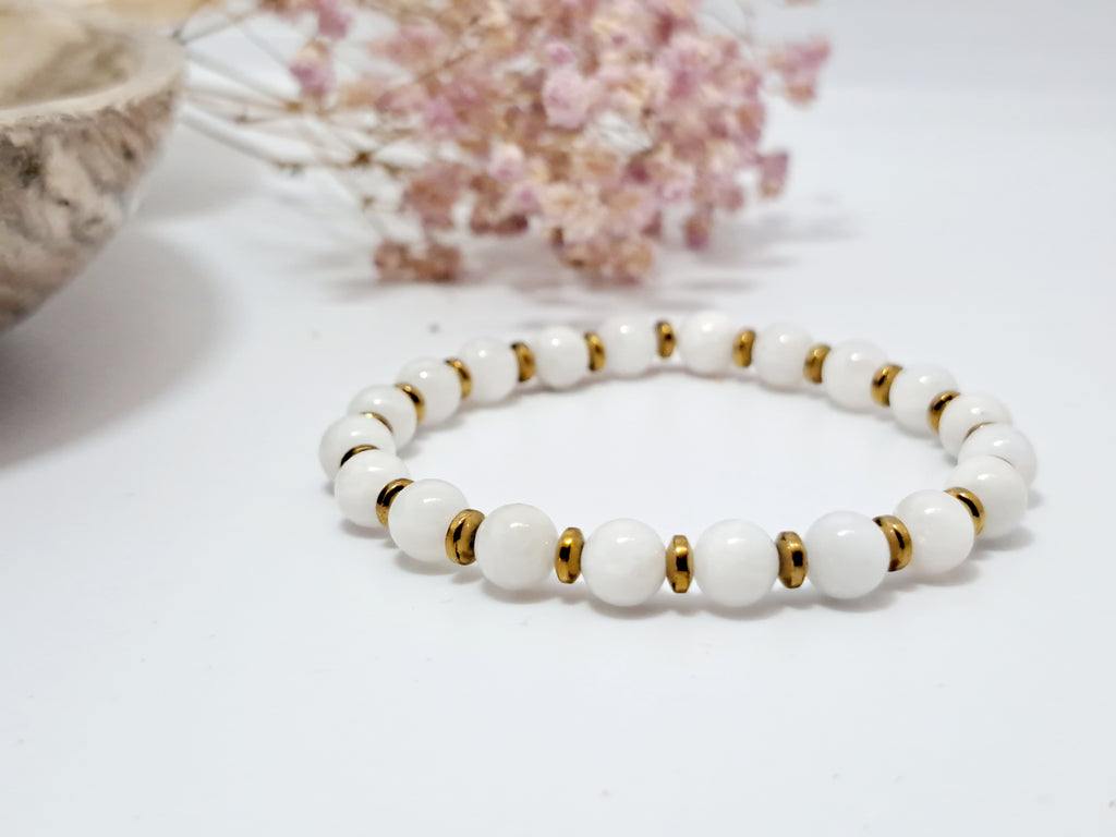 Bracelet Femme Élégance & Calme - Pierre de Lune 6mm & Hématite Dorée