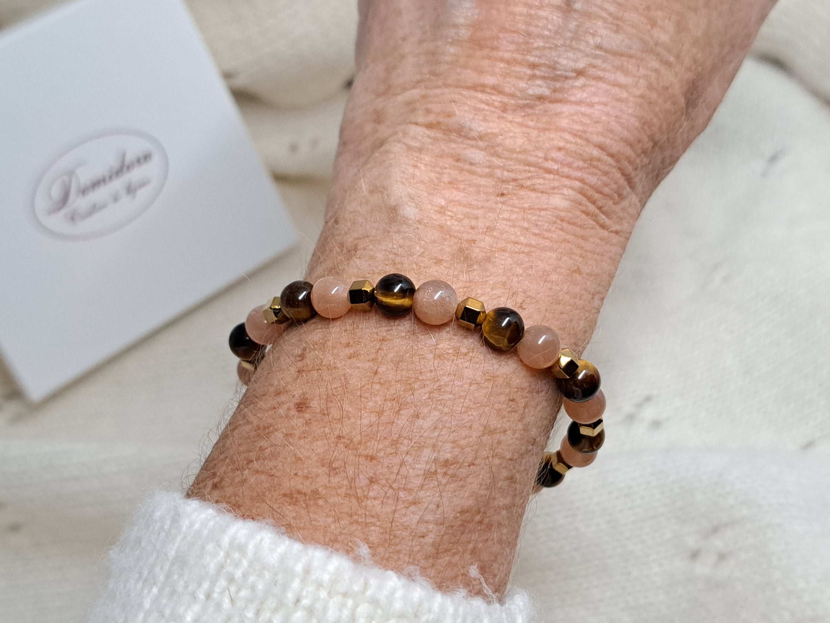 Bracelet Oeil de Tigre & Pierre de Soleil Femme | Cadeau Noël Élégant & Protection au Quotidien