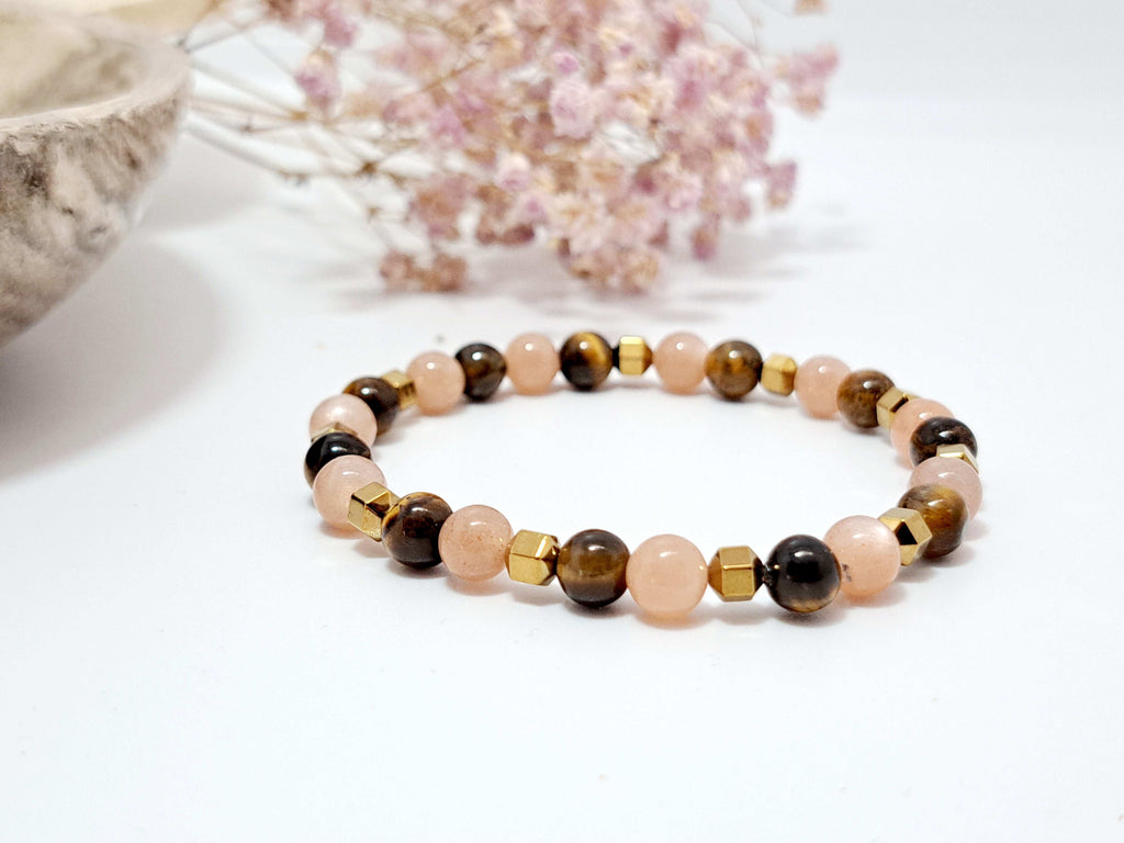 Bracelet Oeil de Tigre & Pierre de Soleil Femme | Cadeau Noël Élégant & Protection au Quotidien