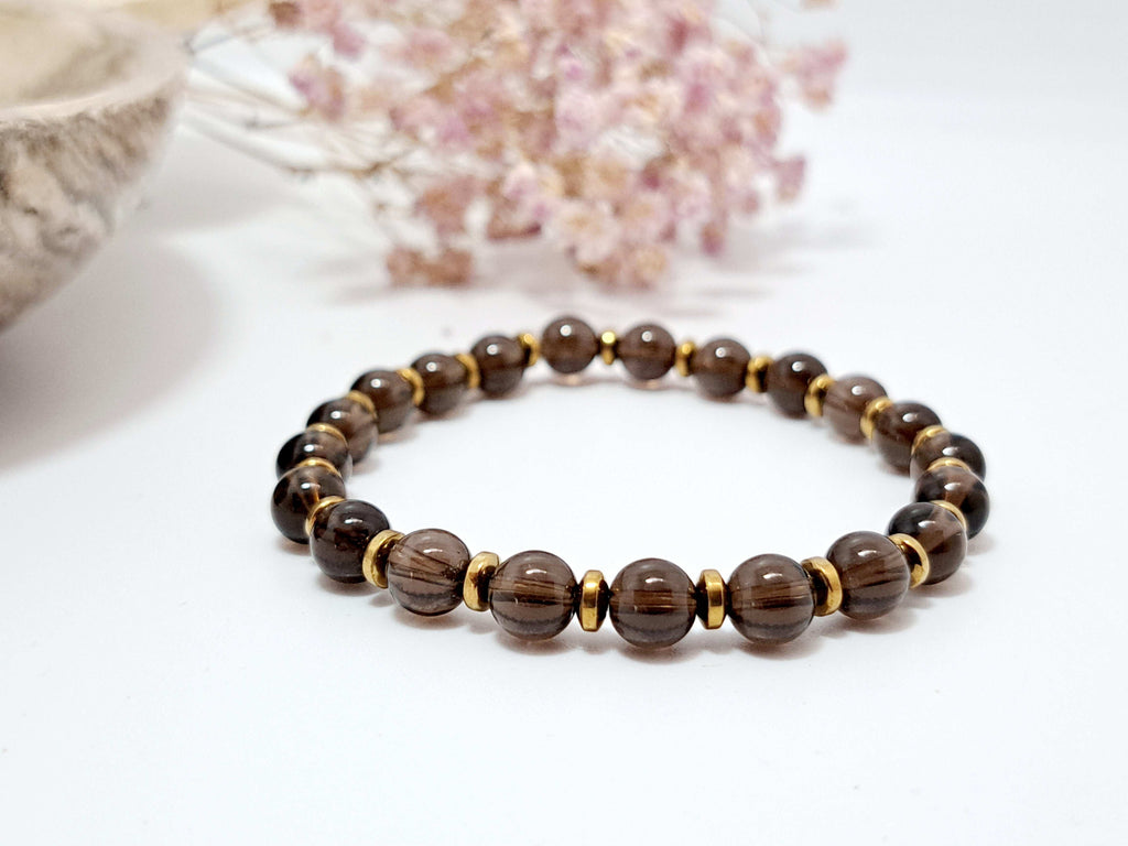 Bracelet Quartz Fumé Femme 6mm | Hématite Dorée | Cadeau Élégant