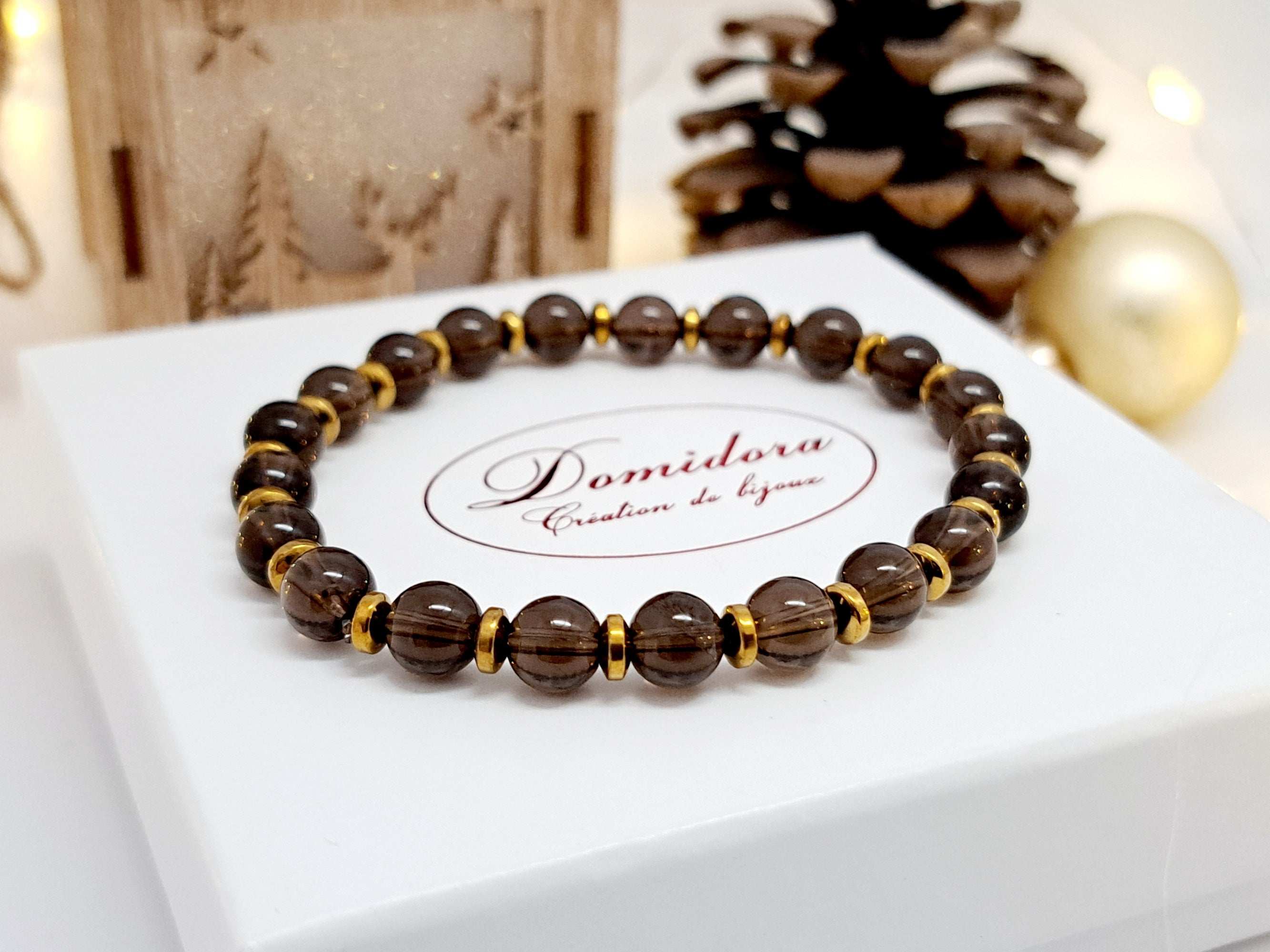 Bracelet Quartz Fumé Femme 6mm | Hématite Dorée | Cadeau Élégant