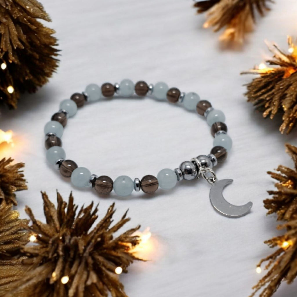 Bracelet d'Intention Communication et Expression| Aigue Marine, Quartz Fumé et Lune | Idée Cadeau Jeune Fille