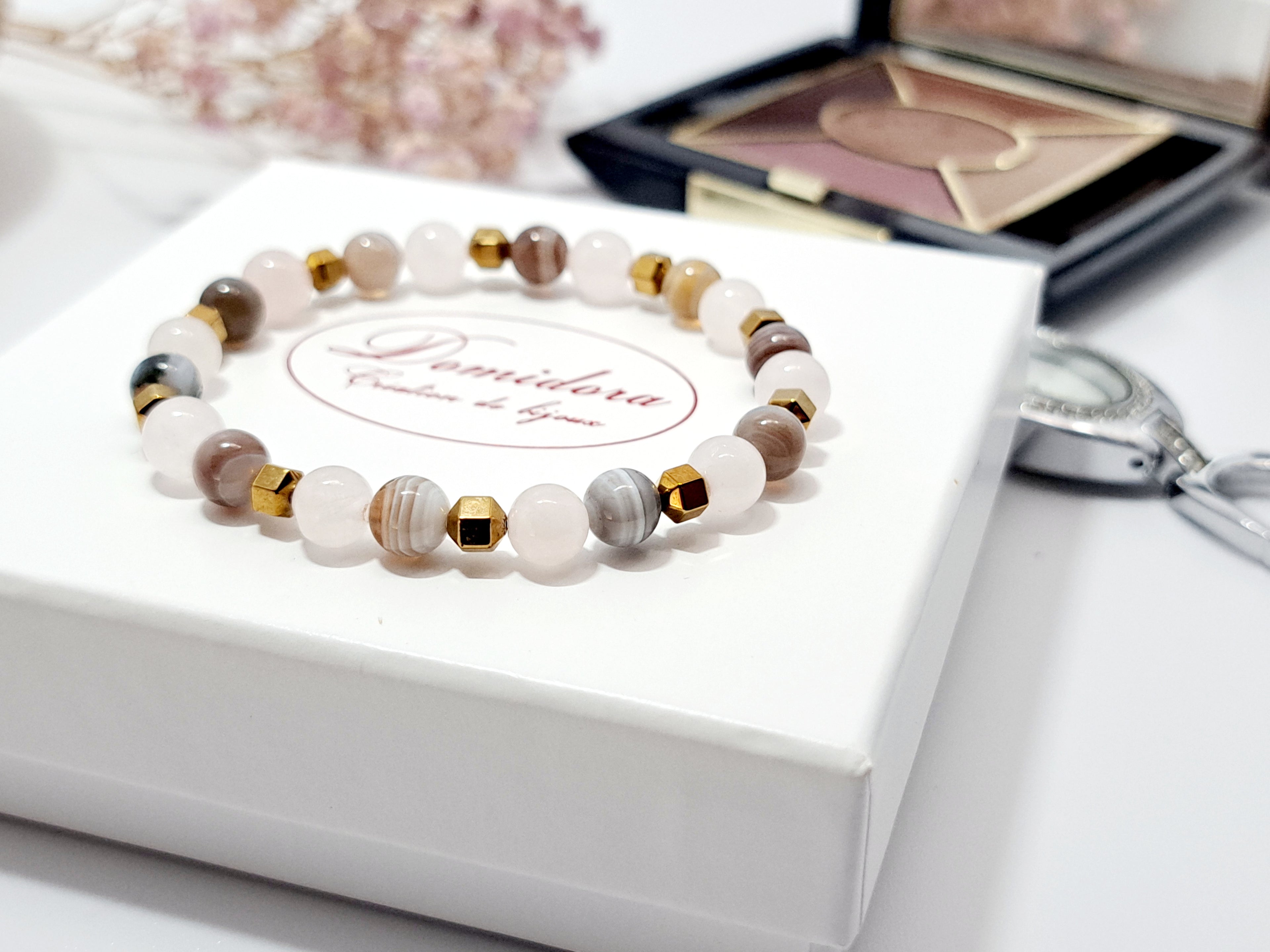Bracelet Réconfort Femme - Quartz Rose, Agate Botswana & Hématite Dorée | Positivité