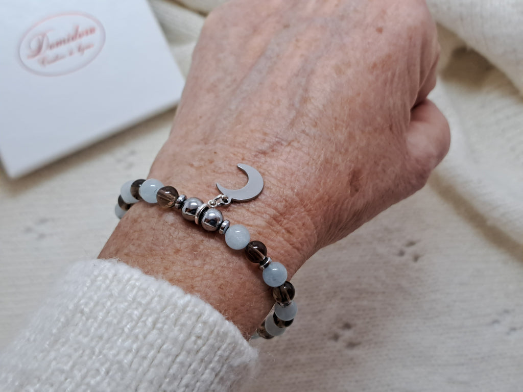 Bracelet d'Intention Communication et Expression| Aigue Marine, Quartz Fumé et Lune | Idée Cadeau Jeune Fille