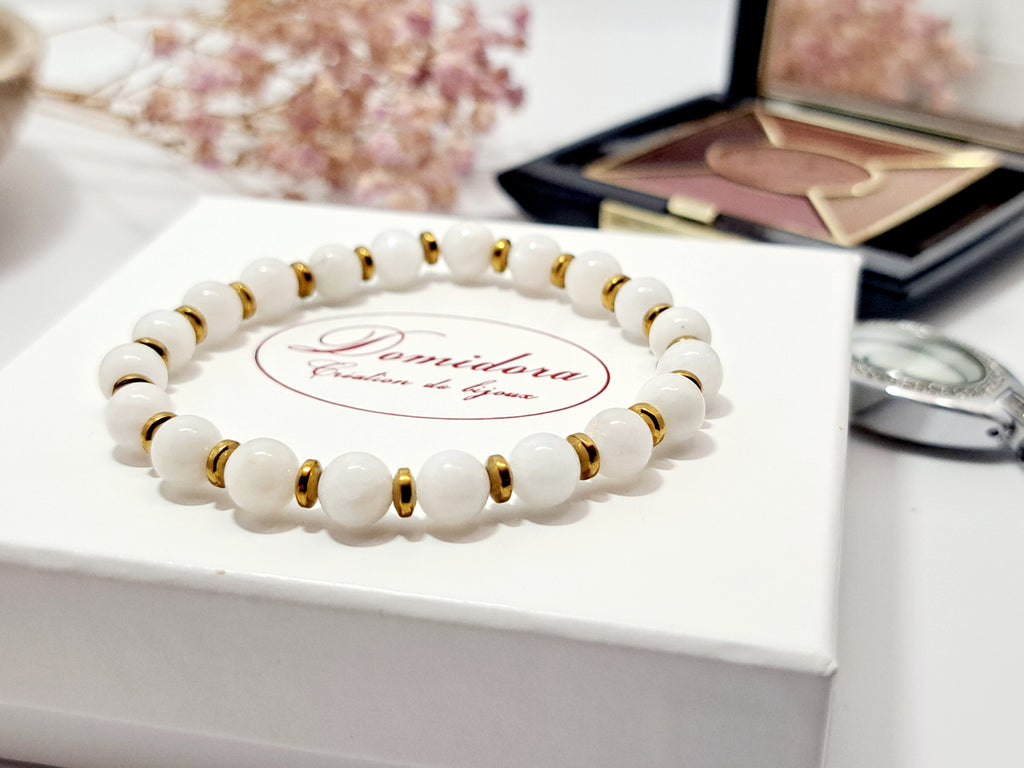 Bracelet Femme Élégance & Calme - Pierre de Lune 6mm & Hématite Dorée