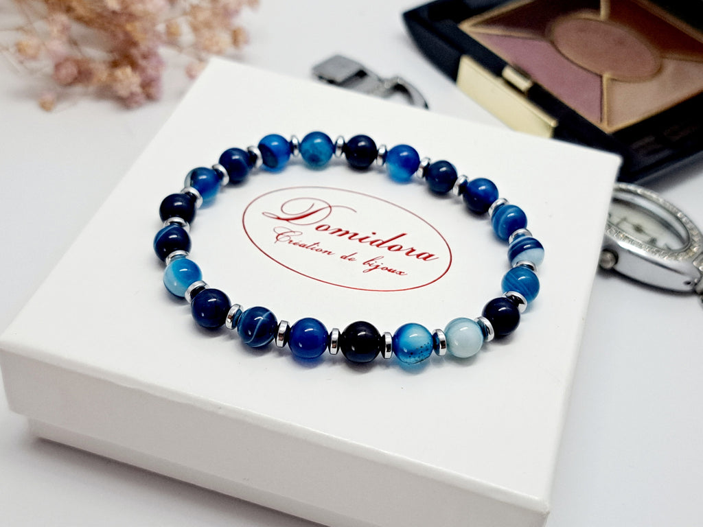 Bracelet Agate Bleue Dames 6mm & Hématite Argentée | Idée Cadeau