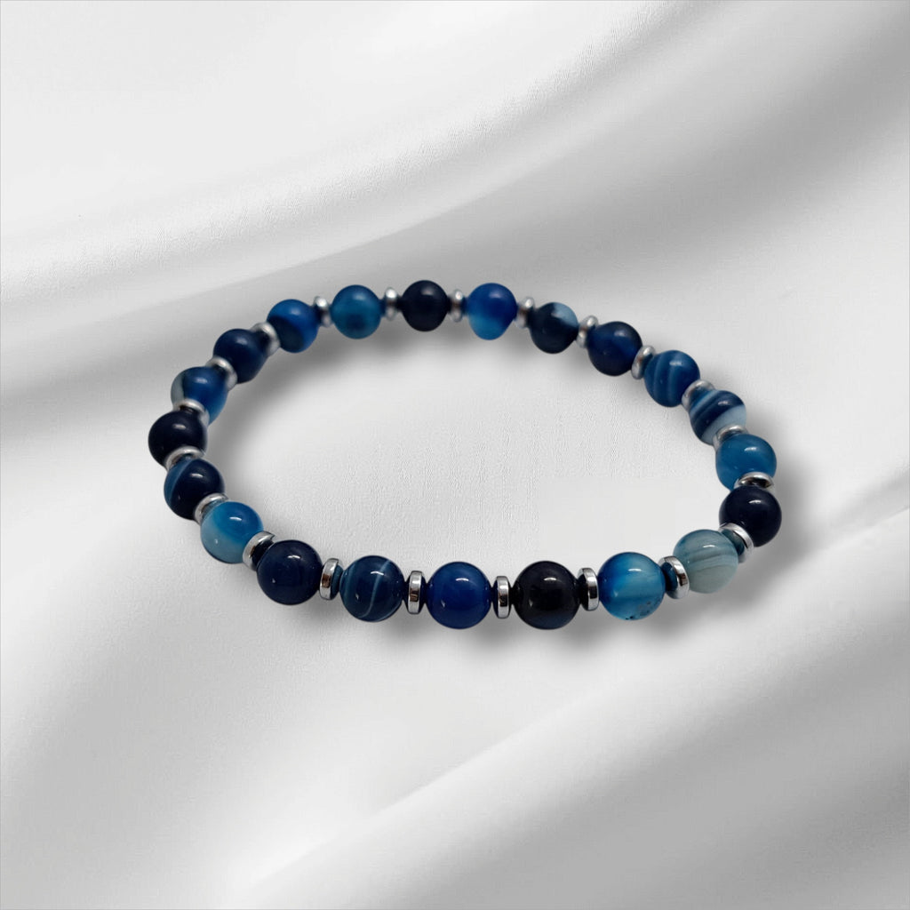 Bracelet Agate Bleue Dames 6mm & Hématite Argentée | Idée Cadeau