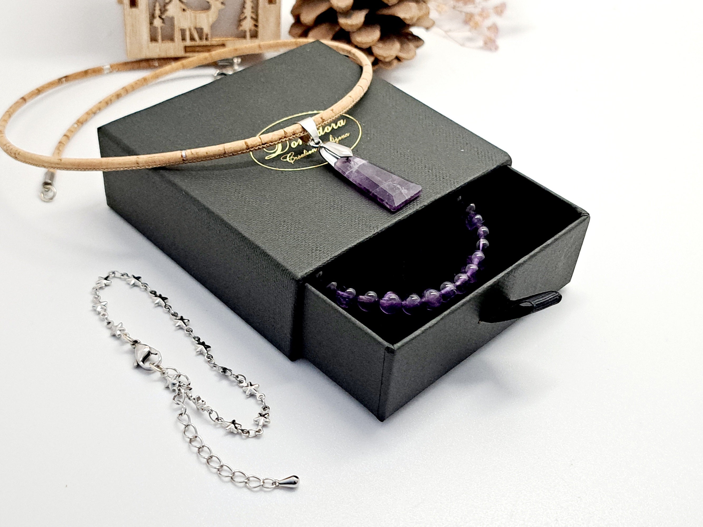 Coffret Cadeau Noël Femme - Parure Améthyste, Acier & Liège Unique