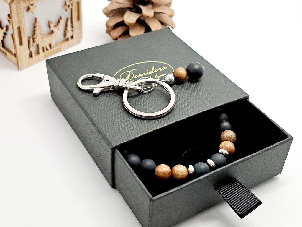 ⭐ Cadeau Noël Homme de Luxe : Coffret Bracelet Onyx & Bois de Santal + Porte-Clé Acier Inoxydable