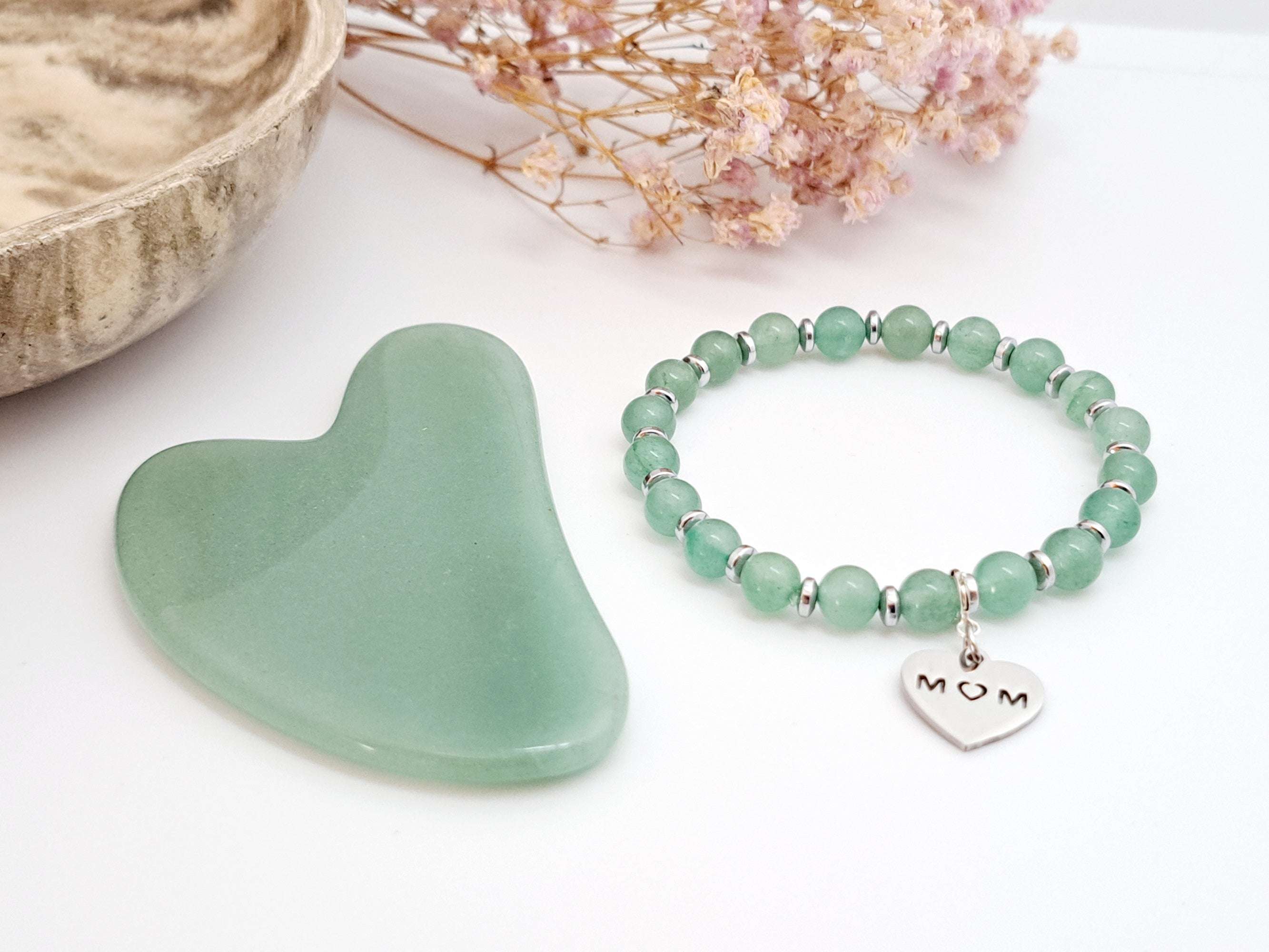 Coffret Cadeau Luxe Noël : Gua Sha Quartz Rose/Aventurine & Bracelet Pierres Naturelles - Rituel Bien-Être