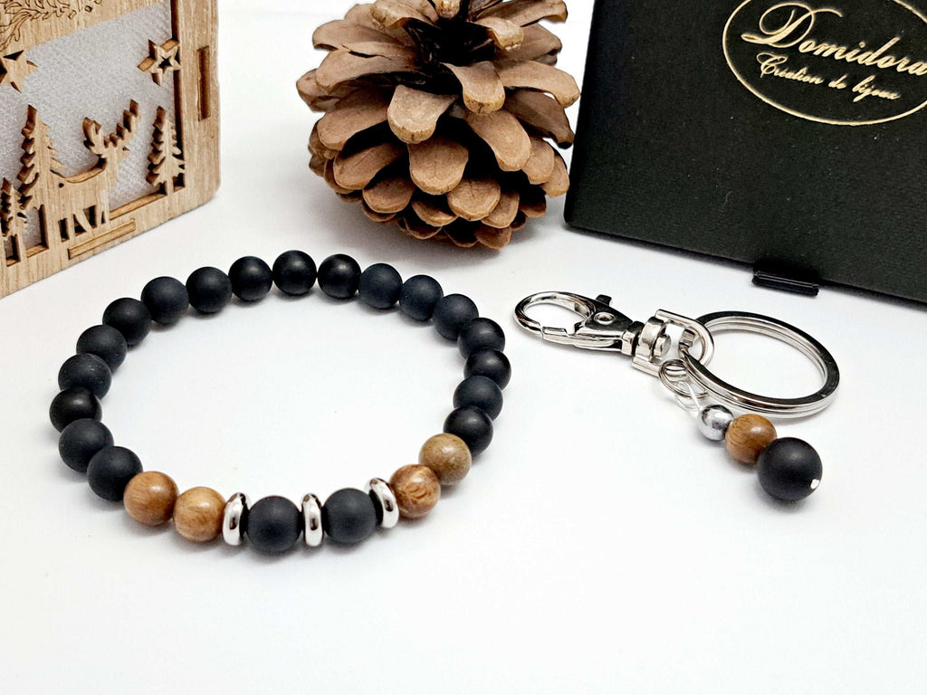 ⭐ Cadeau Noël Homme de Luxe : Coffret Bracelet Onyx & Bois de Santal + Porte-Clé Acier Inoxydable
