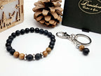 ⭐ Cadeau Noël Homme de Luxe : Coffret Bracelet Onyx & Bois de Santal + Porte-Clé Acier Inoxydable