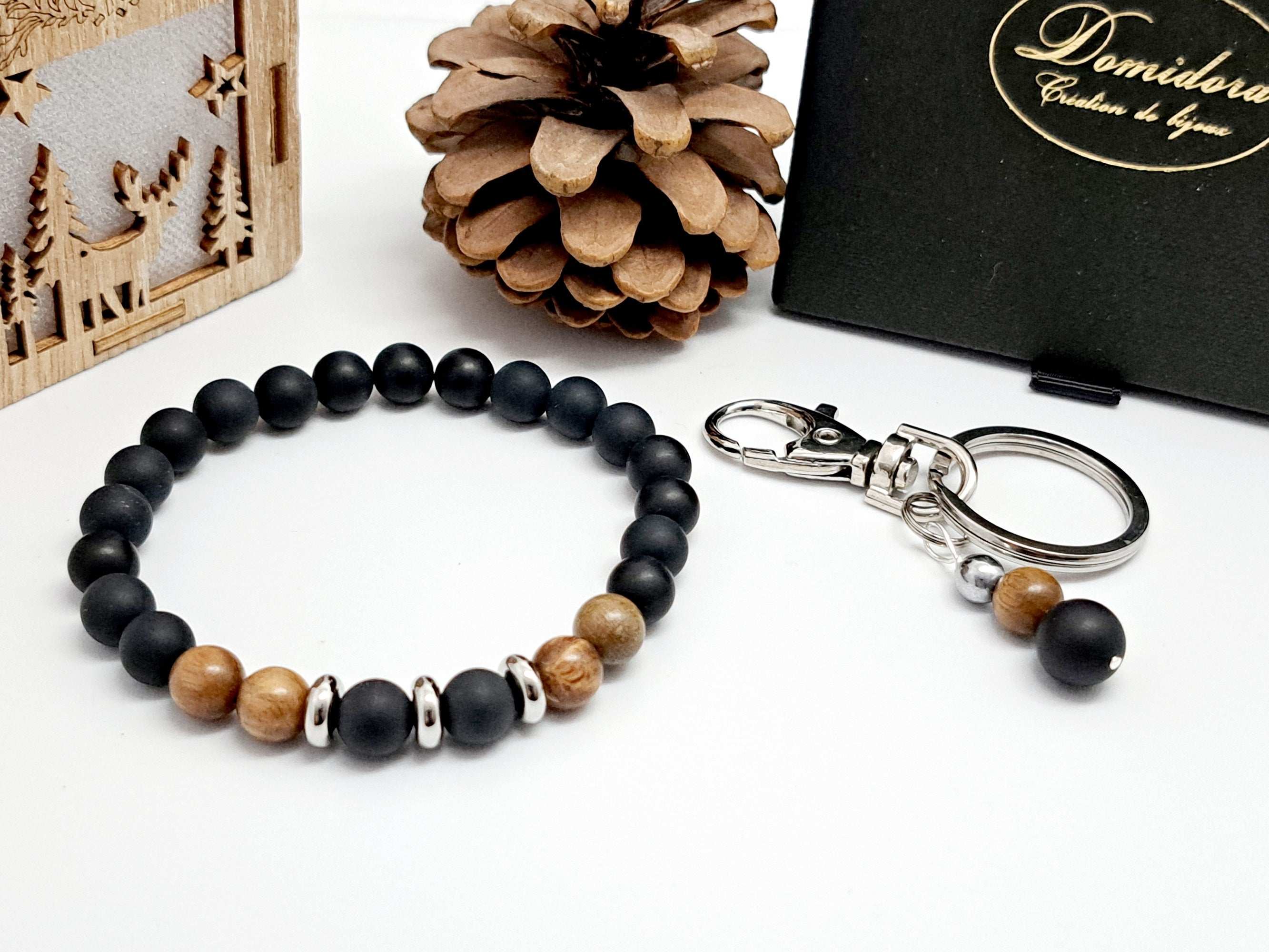 ⭐ Cadeau Noël Homme de Luxe : Coffret Bracelet Onyx & Bois de Santal + Porte-Clé Acier Inoxydable