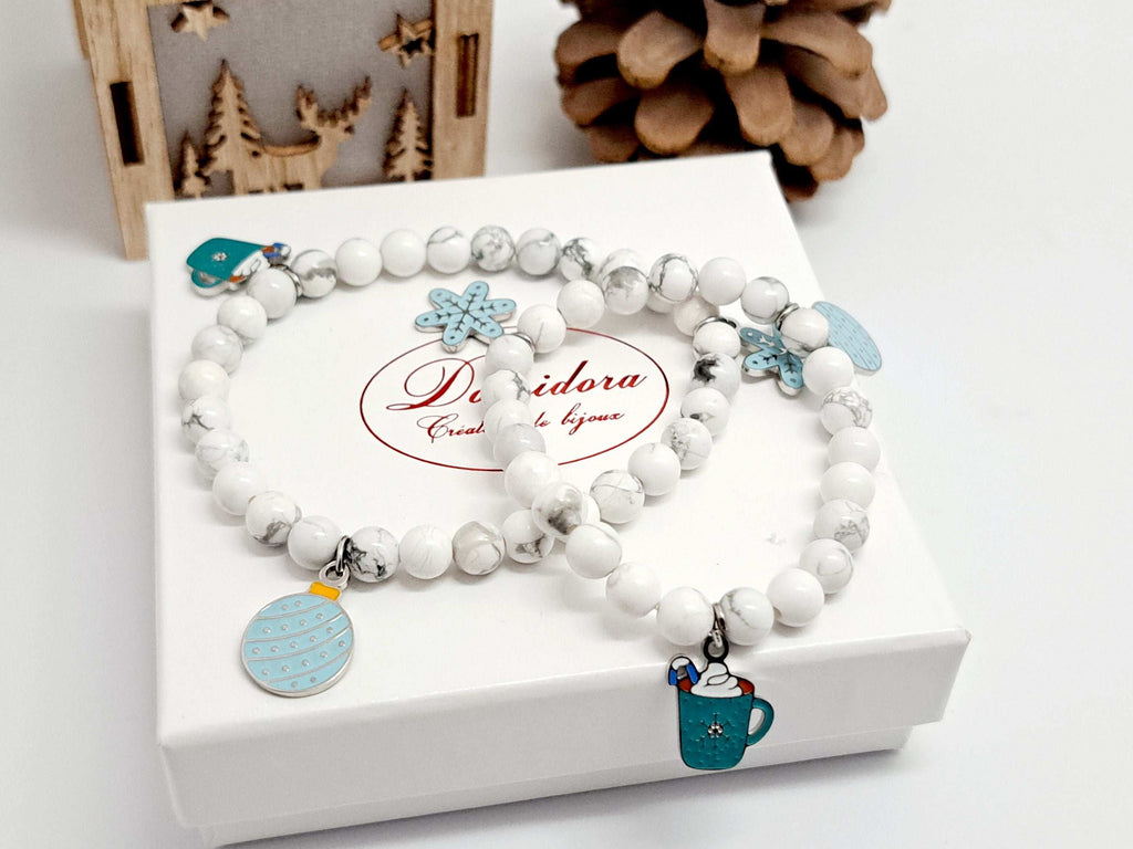 ❄️ Duo Connecté : Coffret Cadeau Noël Bracelets Howlite & Breloques Amovibles