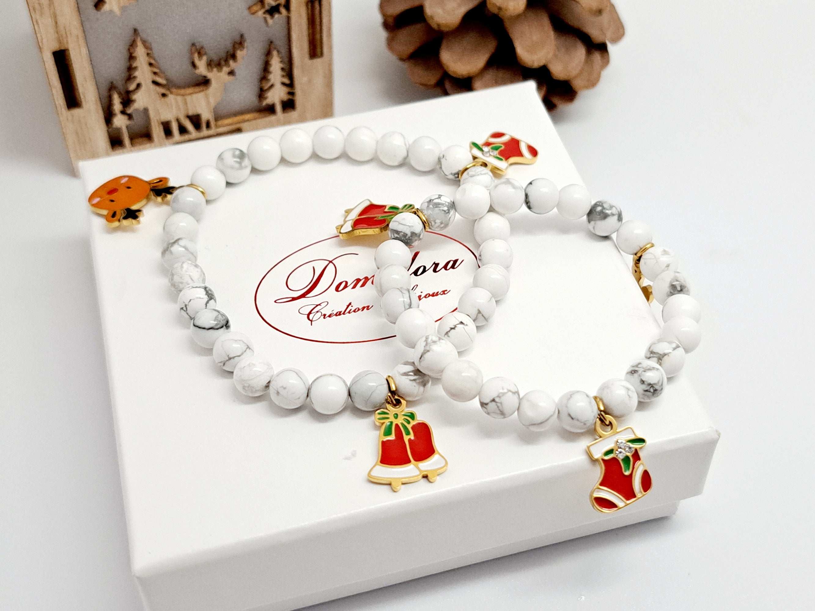 ❄️ Duo Connecté : Coffret Cadeau Noël Bracelets Howlite & Breloques Amovibles