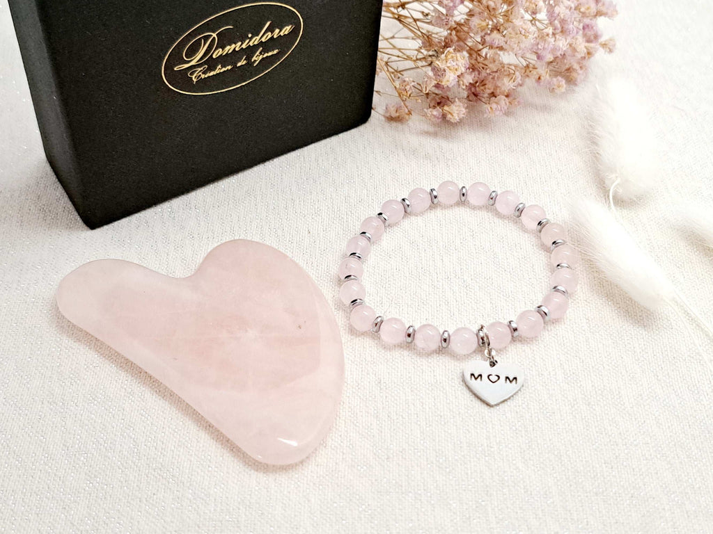Coffret Cadeau Luxe Noël : Gua Sha Quartz Rose/Aventurine & Bracelet Pierres Naturelles - Rituel Bien-Être