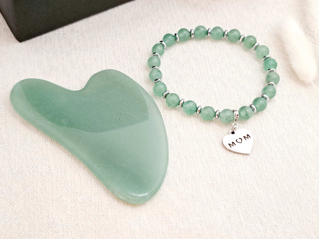 Coffret Cadeau Luxe Noël : Gua Sha Quartz Rose/Aventurine & Bracelet Pierres Naturelles - Rituel Bien-Être