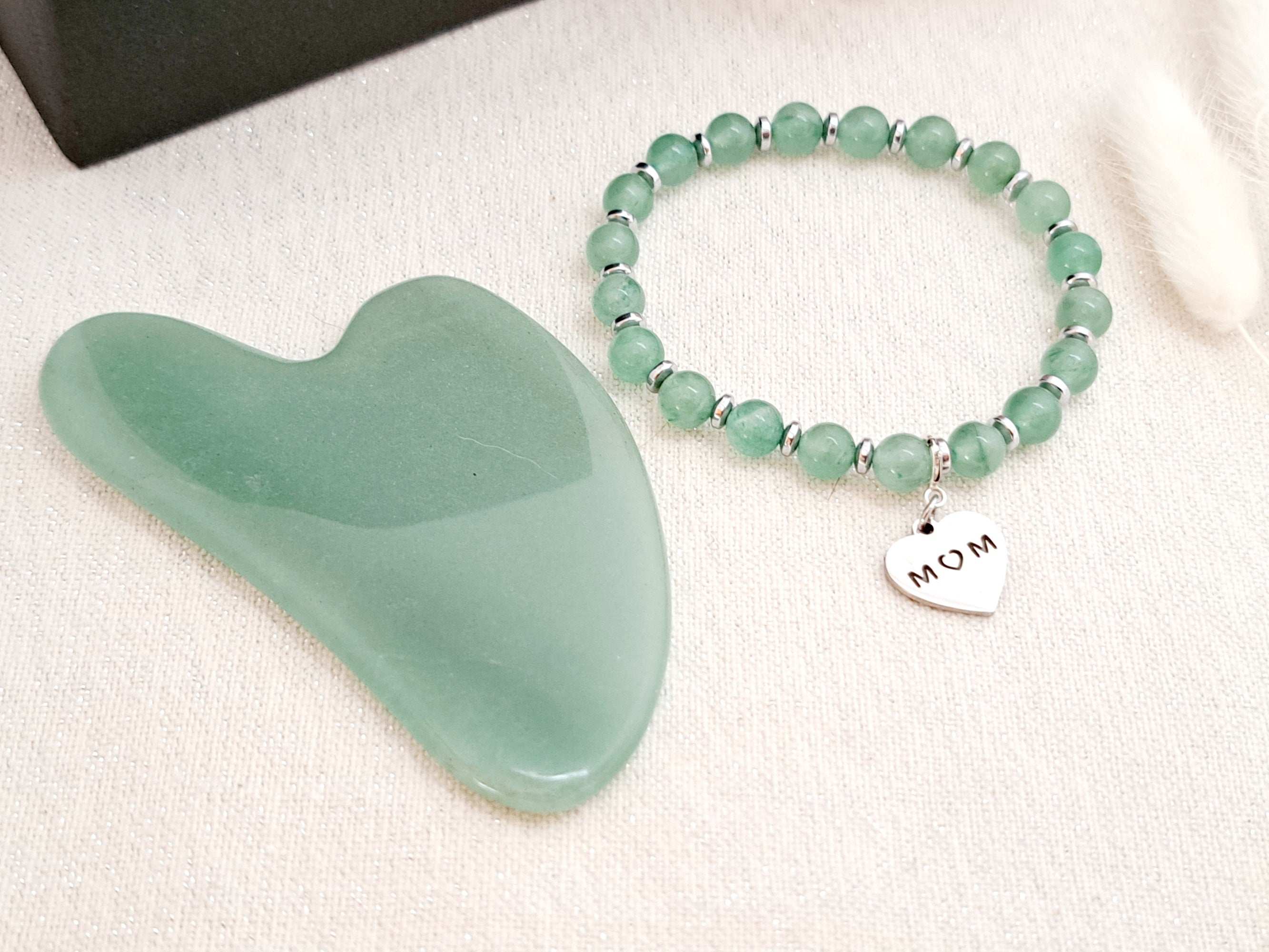 Coffret Cadeau Luxe Noël : Gua Sha Quartz Rose/Aventurine & Bracelet Pierres Naturelles - Rituel Bien-Être