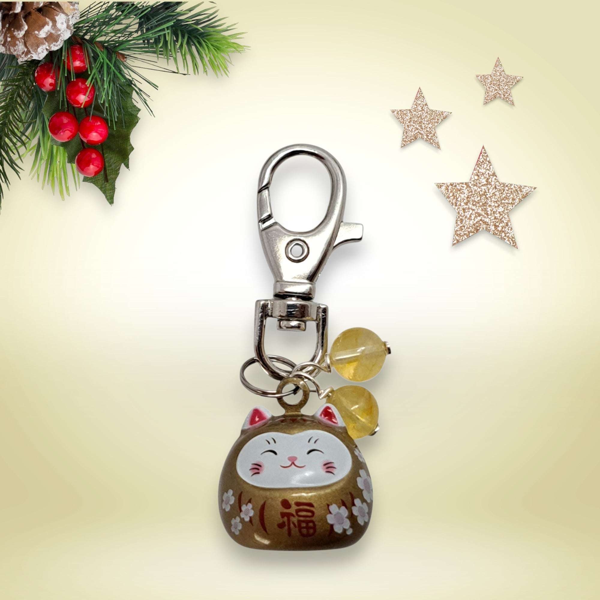 🎁 Porte-Clés Maneki Neko Porte-Bonheur- Pierres Naturelles Au Choix -  Idée Cadeau Noël