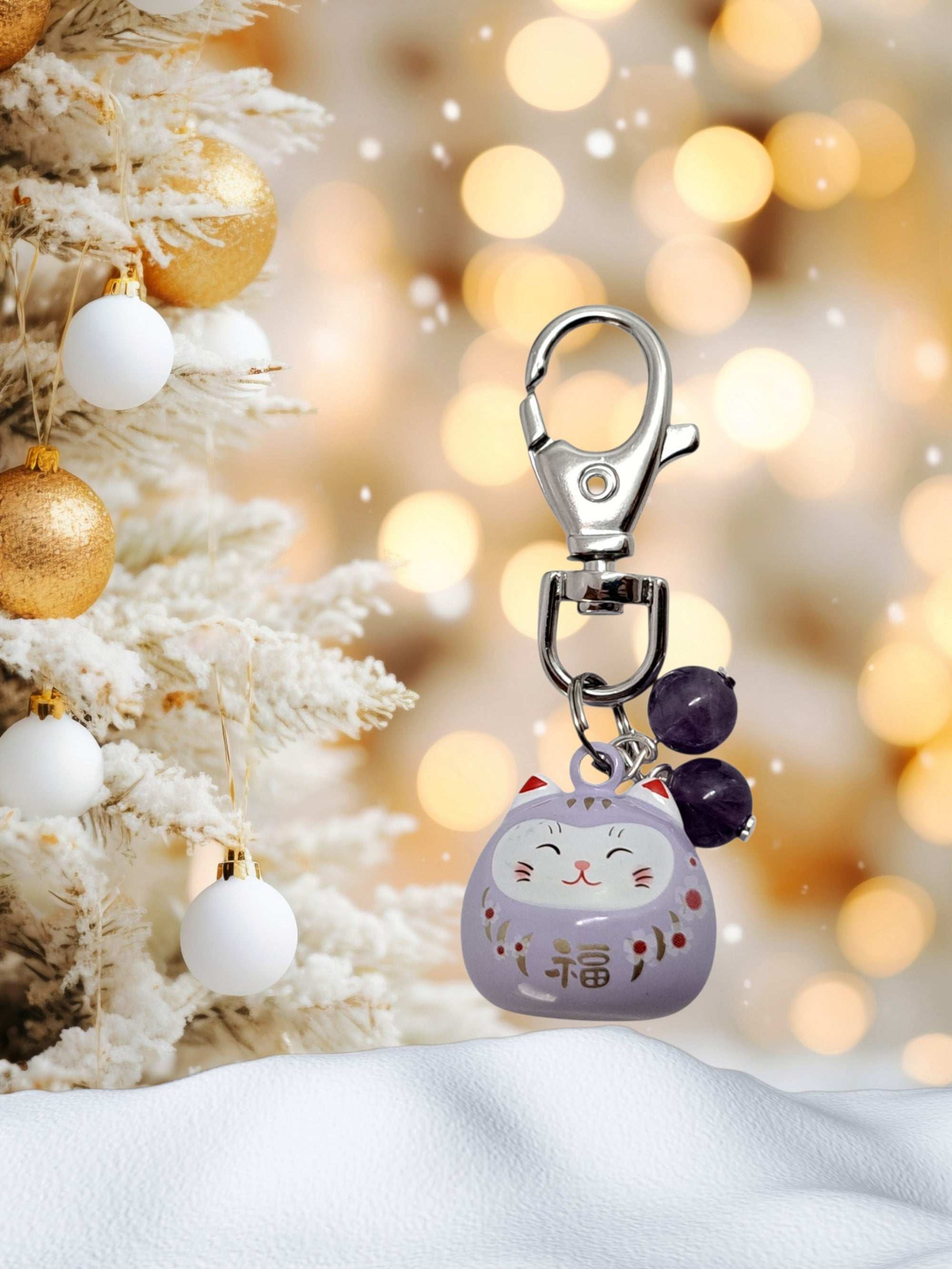 🎁 Porte-Clés Maneki Neko Porte-Bonheur- Pierres Naturelles Au Choix -  Idée Cadeau Noël