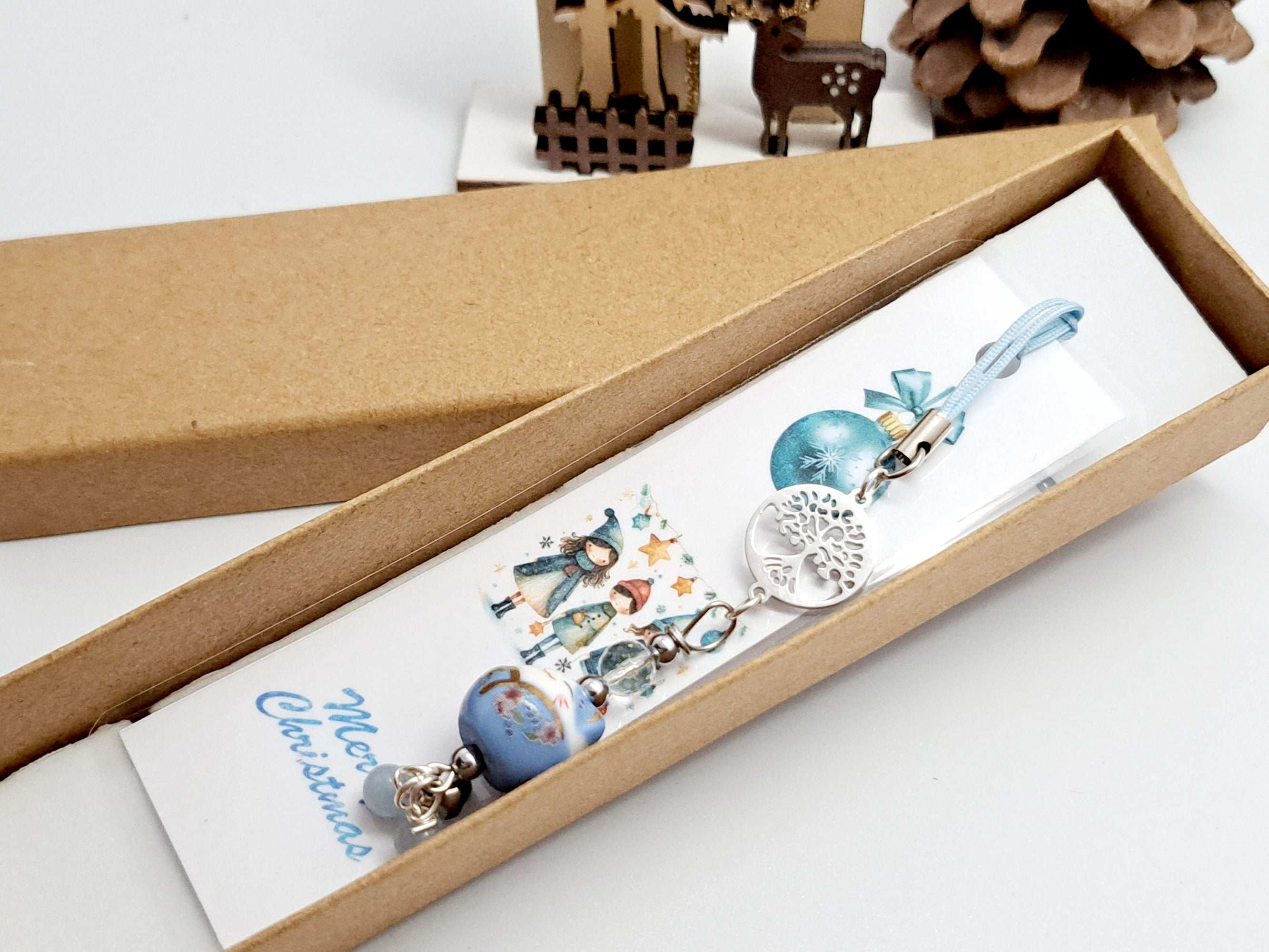 🎁 Marque-Page Noël Fait Main avec Pierre Naturelle et Maneki Lucky Cat