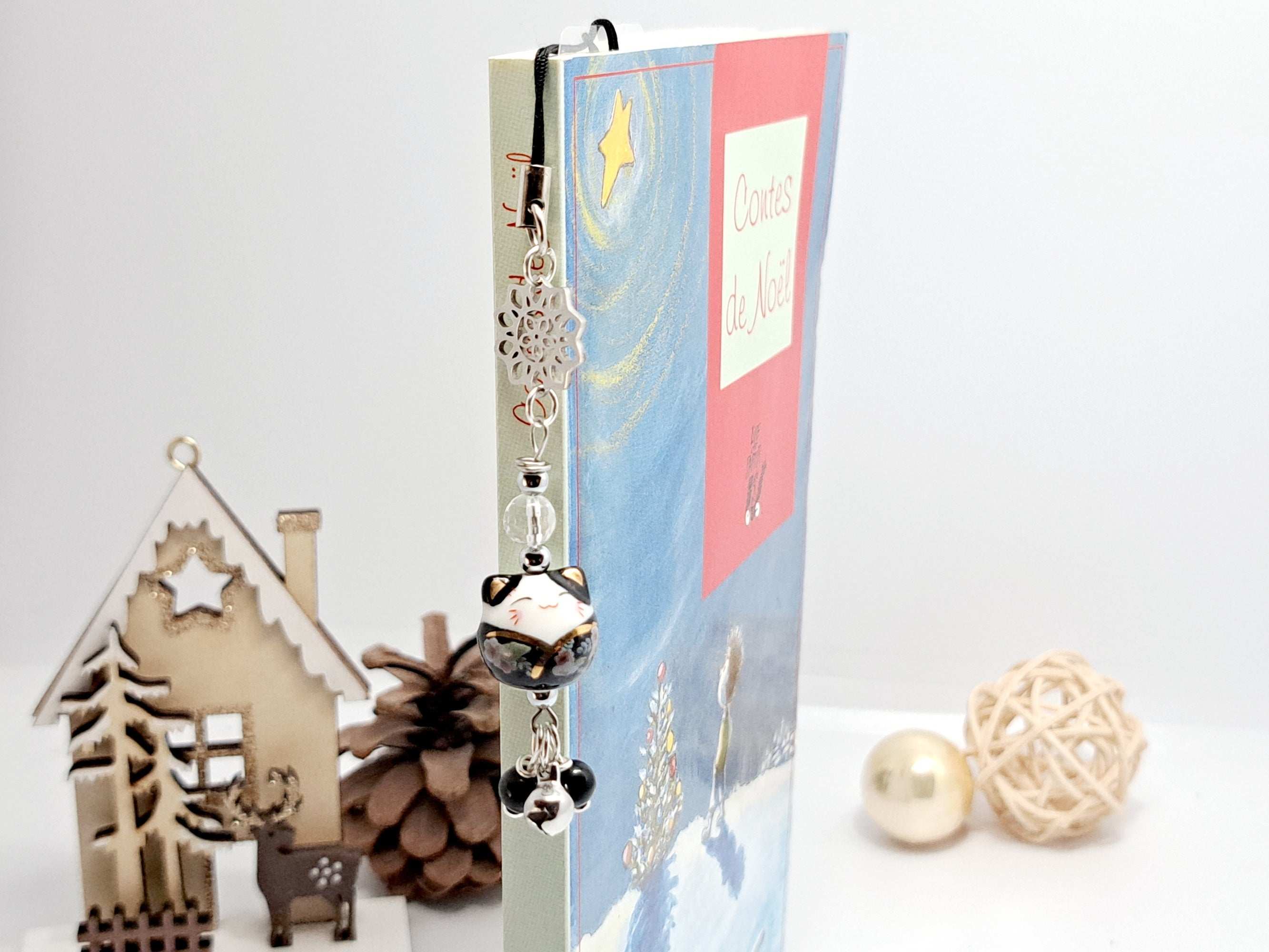 🎁 Marque-Page Noël Fait Main avec Pierre Naturelle et Maneki Lucky Cat