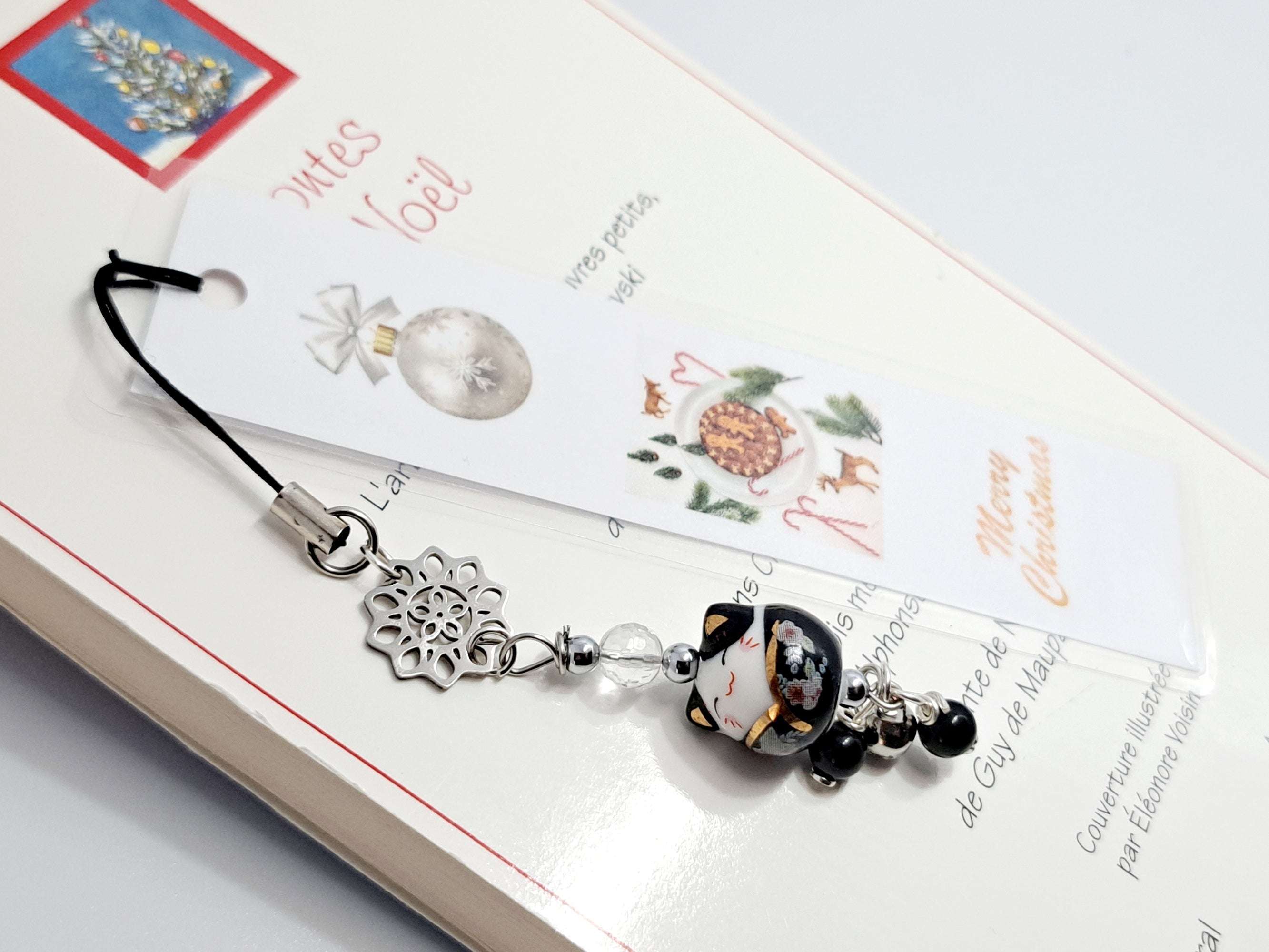 🎁 Marque-Page Noël Fait Main avec Pierre Naturelle et Maneki Lucky Cat