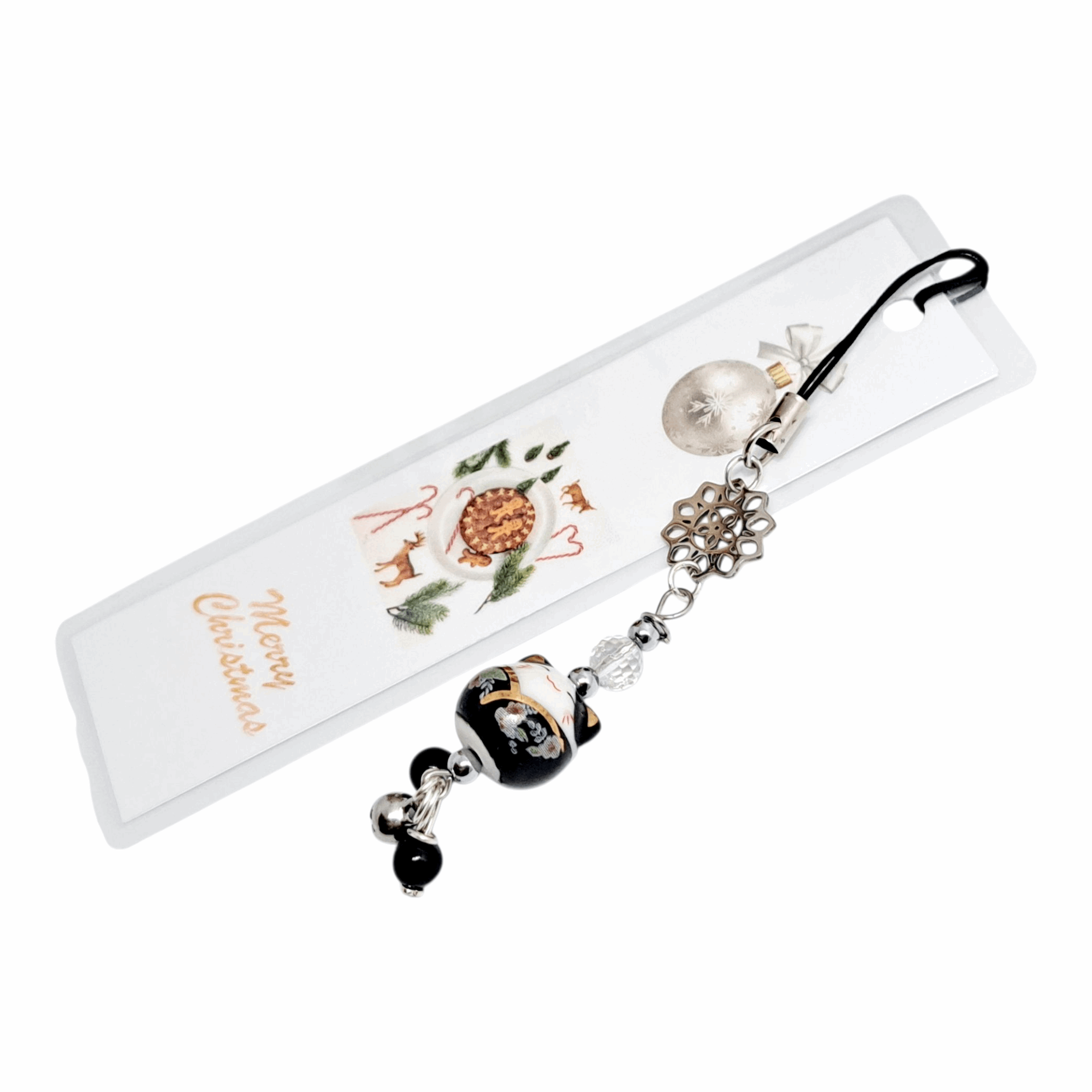 🎁 Marque-Page Noël Fait Main avec Pierre Naturelle et Maneki Lucky Cat