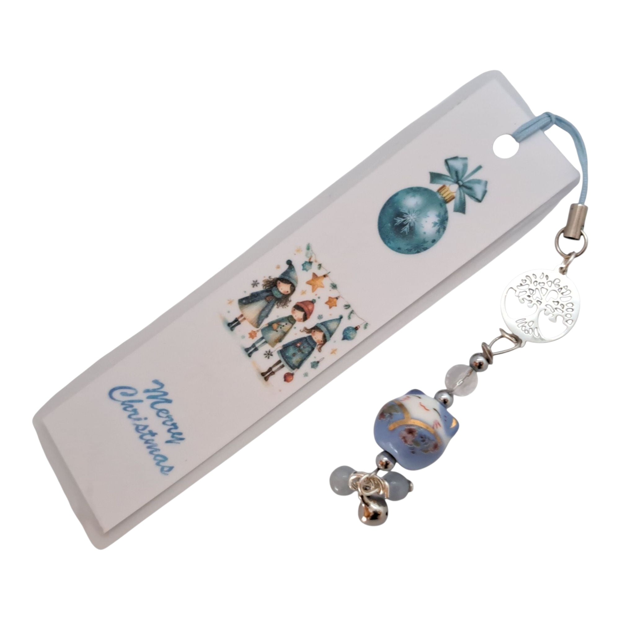 🎁 Marque-Page Noël Fait Main avec Pierre Naturelle et Maneki Lucky Cat