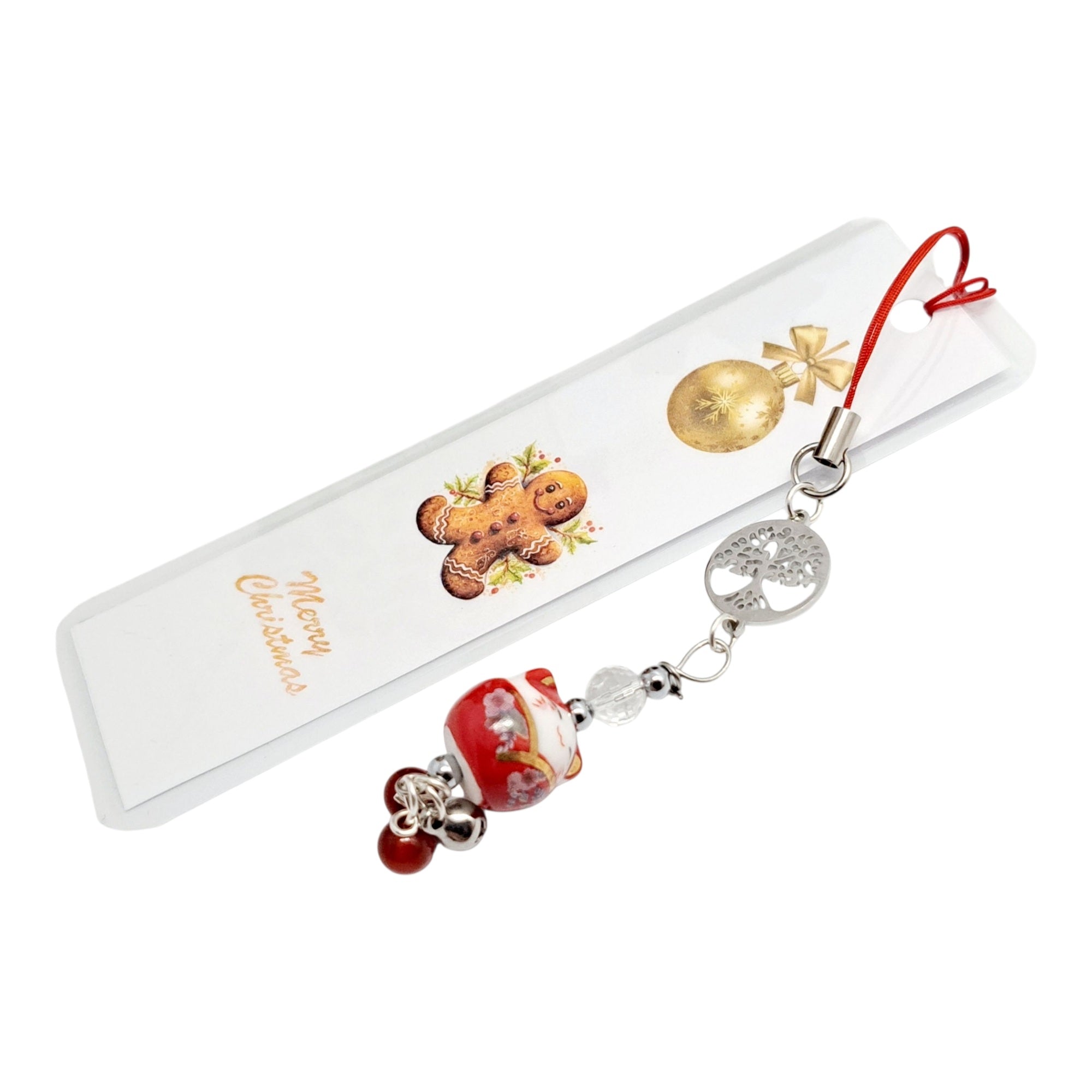 🎁 Marque-Page Noël Fait Main avec Pierre Naturelle et Maneki Lucky Cat