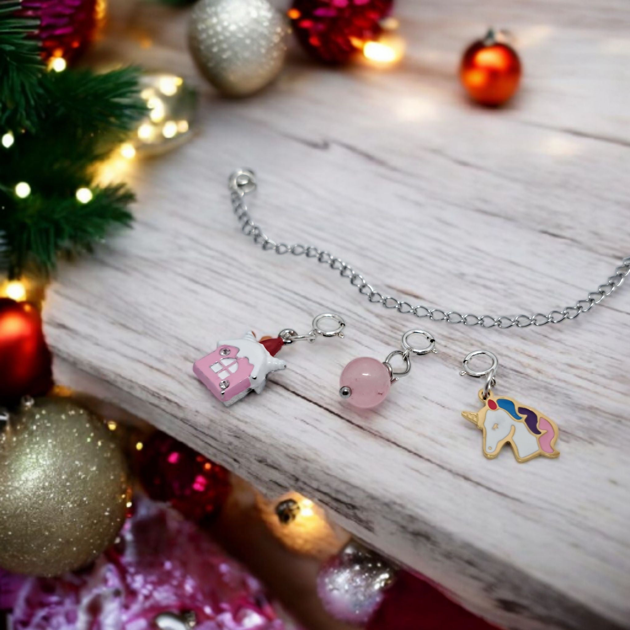 Pack 3 Charms Amovibles Licorne & Maison Rose | Bracelet Fille Acier Inoxydable