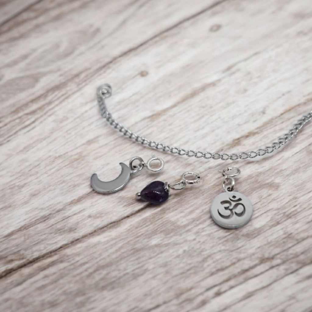 Pack Sérénité & Spiritualité : Trio Charms Améthyste, Lune & Symbole OM | Bracelet Intention Acier